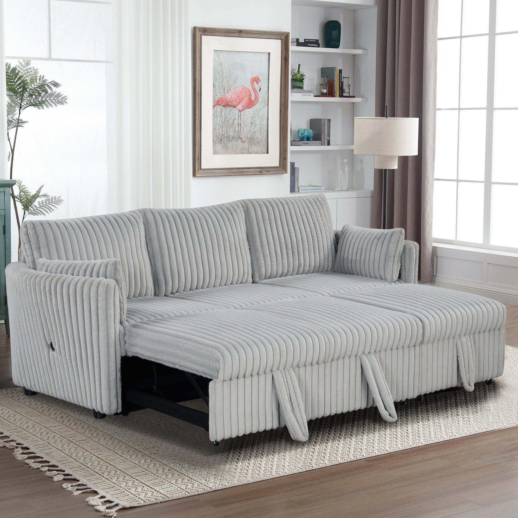 Sofá cama seccional convertible extragrande de piel sintética gris claro, sofá cama y sillón extraíble con 2 almohadas y puertos de carga USB para sala de estar.
