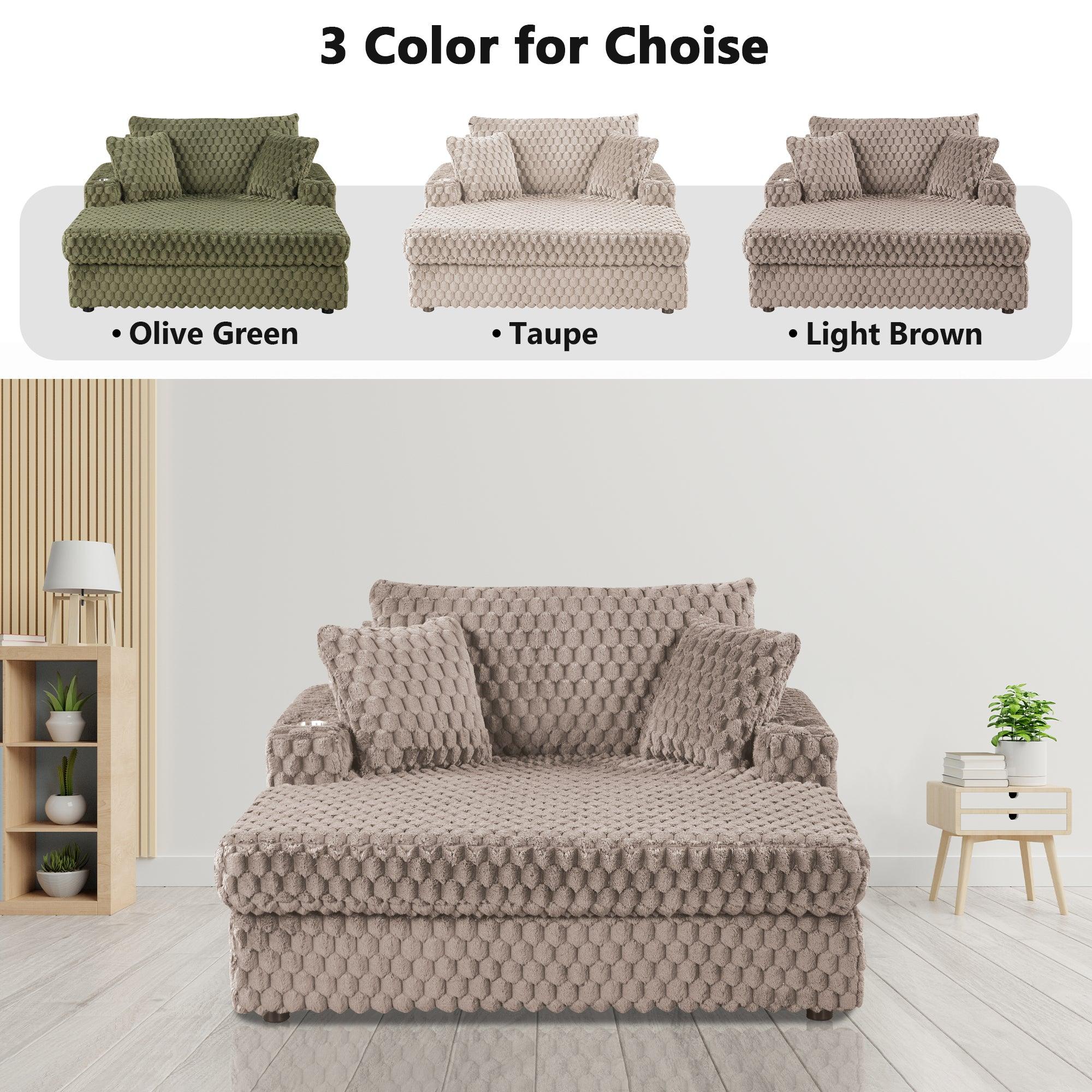 54 Inch Contemporary Indoor Upholstered Chaise Lounge Plush Sleeper Chair with Throw Pillows, 2 Cup Holders and Magazine Bags for Living Room