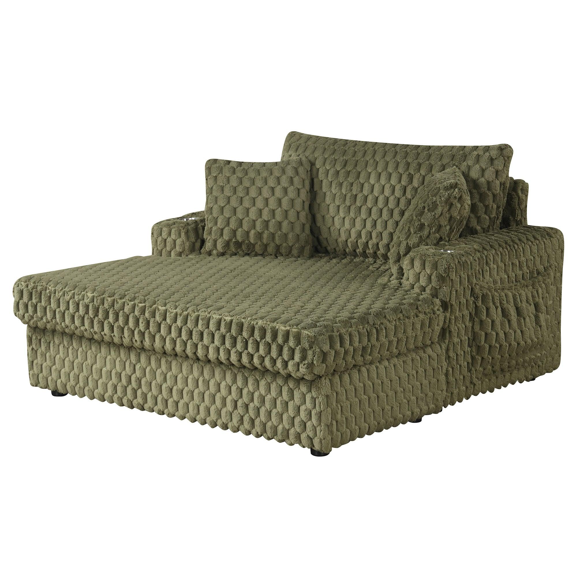 54 Inch Contemporary Indoor Upholstered Chaise Lounge Plush Sleeper Chair with Throw Pillows, 2 Cup Holders and Magazine Bags for Living Room