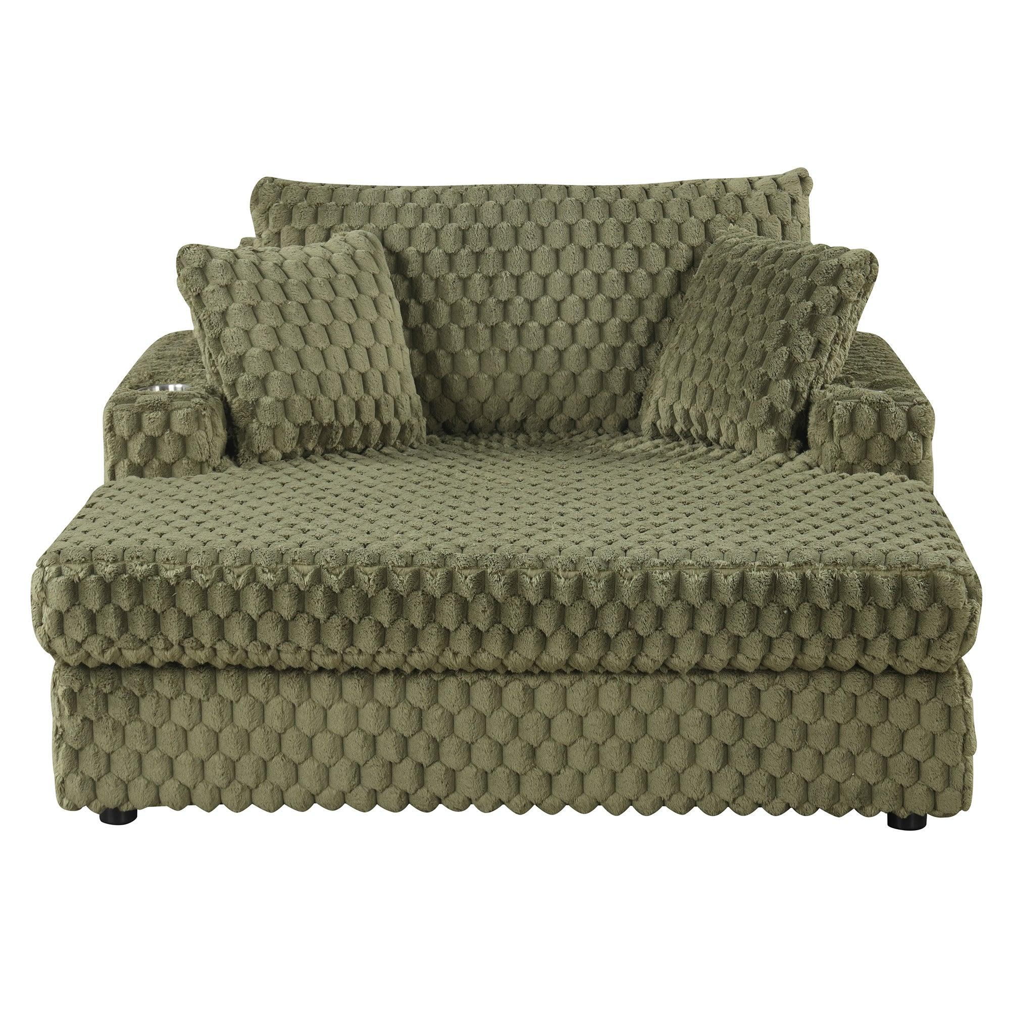 54 Inch Contemporary Indoor Upholstered Chaise Lounge Plush Sleeper Chair with Throw Pillows, 2 Cup Holders and Magazine Bags for Living Room