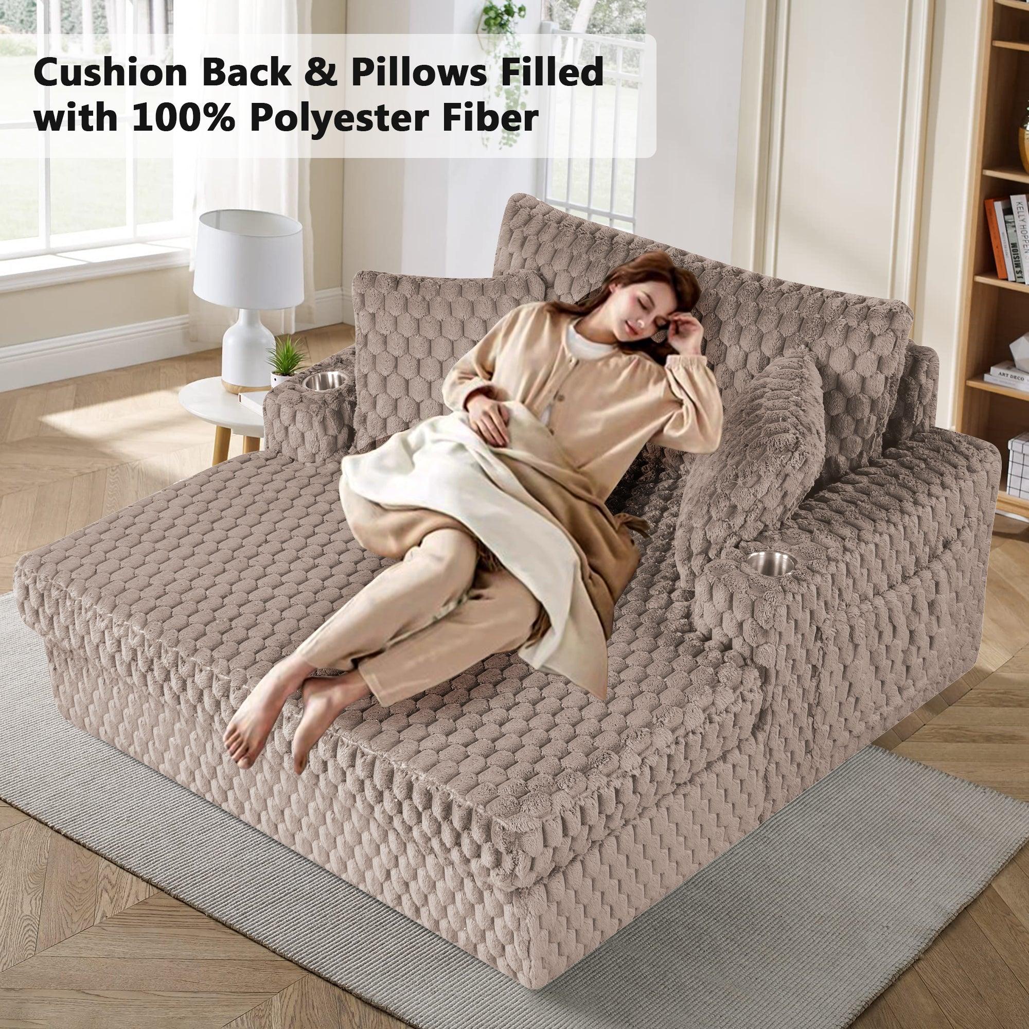 54 Inch Contemporary Indoor Upholstered Chaise Lounge Plush Sleeper Chair with Throw Pillows, 2 Cup Holders and Magazine Bags for Living Room