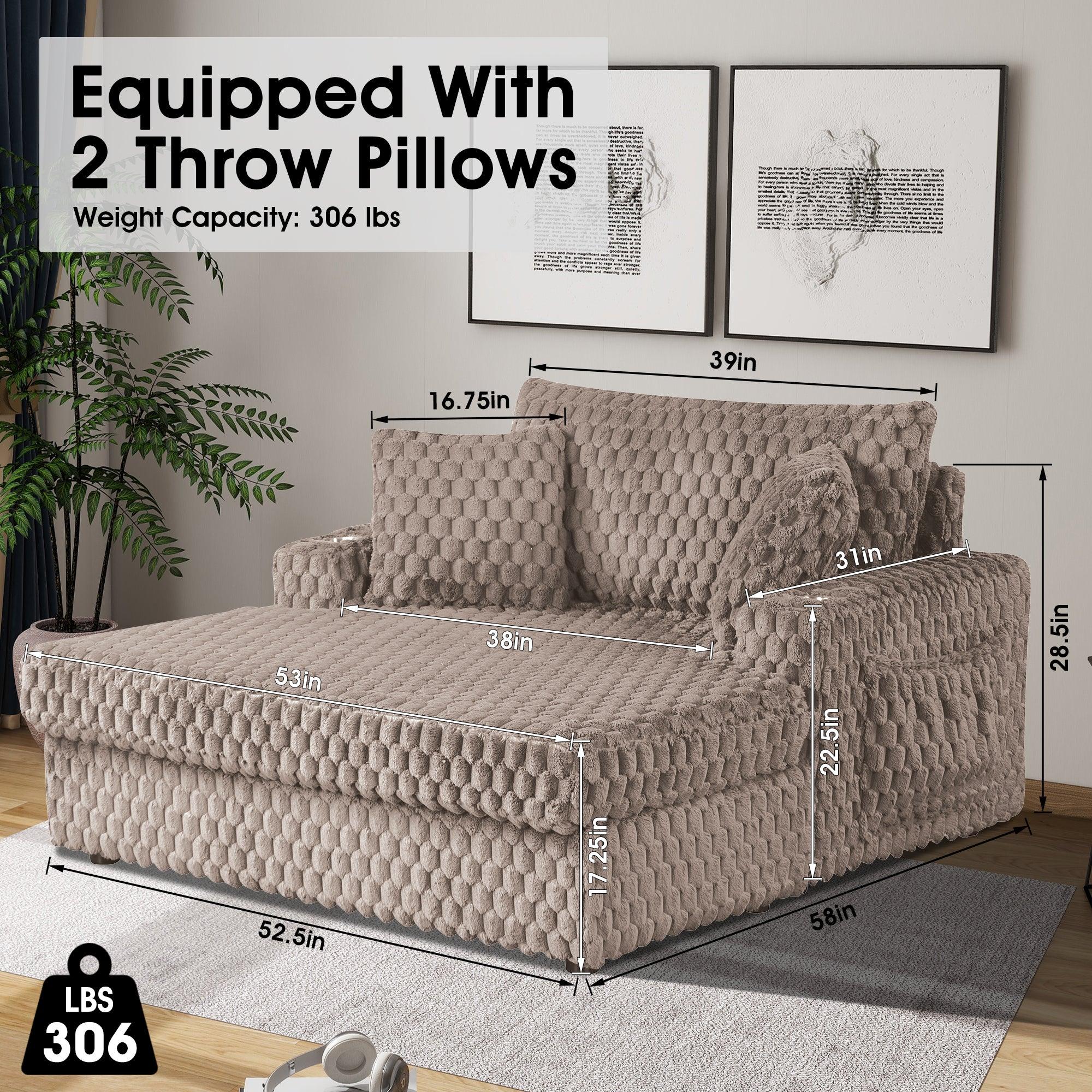 54 Inch Contemporary Indoor Upholstered Chaise Lounge Plush Sleeper Chair with Throw Pillows, 2 Cup Holders and Magazine Bags for Living Room