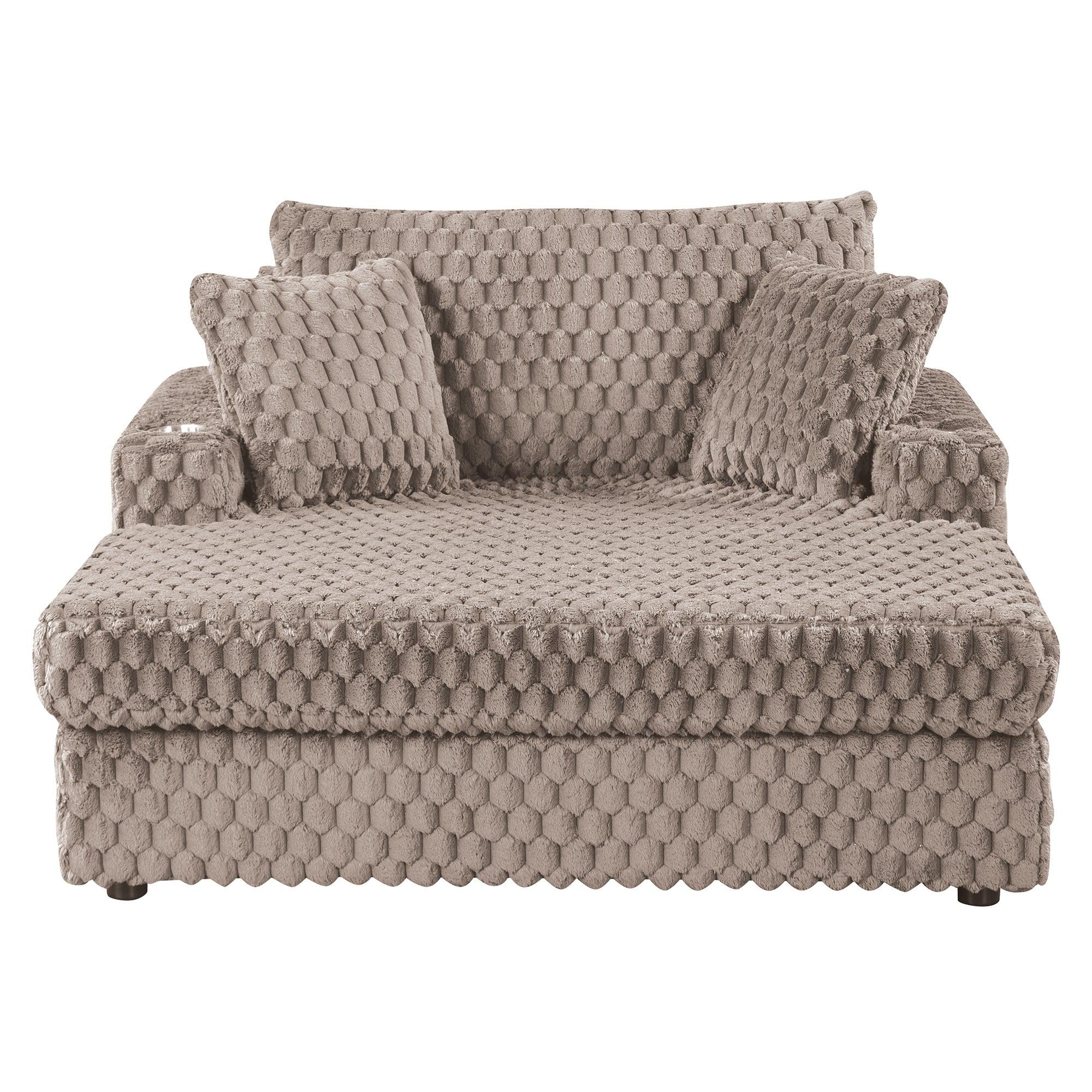 54 Inch Contemporary Indoor Upholstered Chaise Lounge Plush Sleeper Chair with Throw Pillows, 2 Cup Holders and Magazine Bags for Living Room