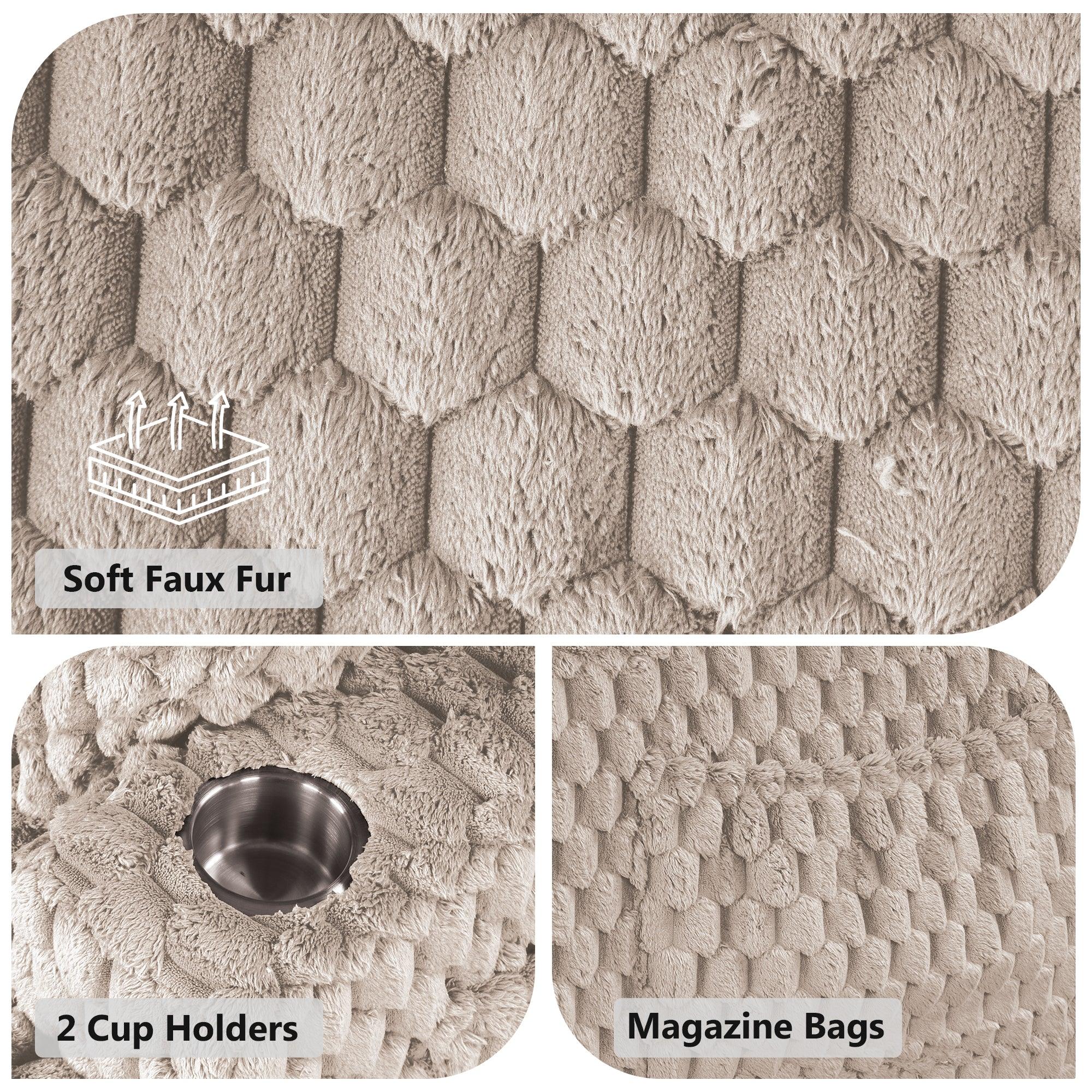 54 Inch Contemporary Indoor Upholstered Chaise Lounge Plush Sleeper Chair with Throw Pillows, 2 Cup Holders and Magazine Bags for Living Room