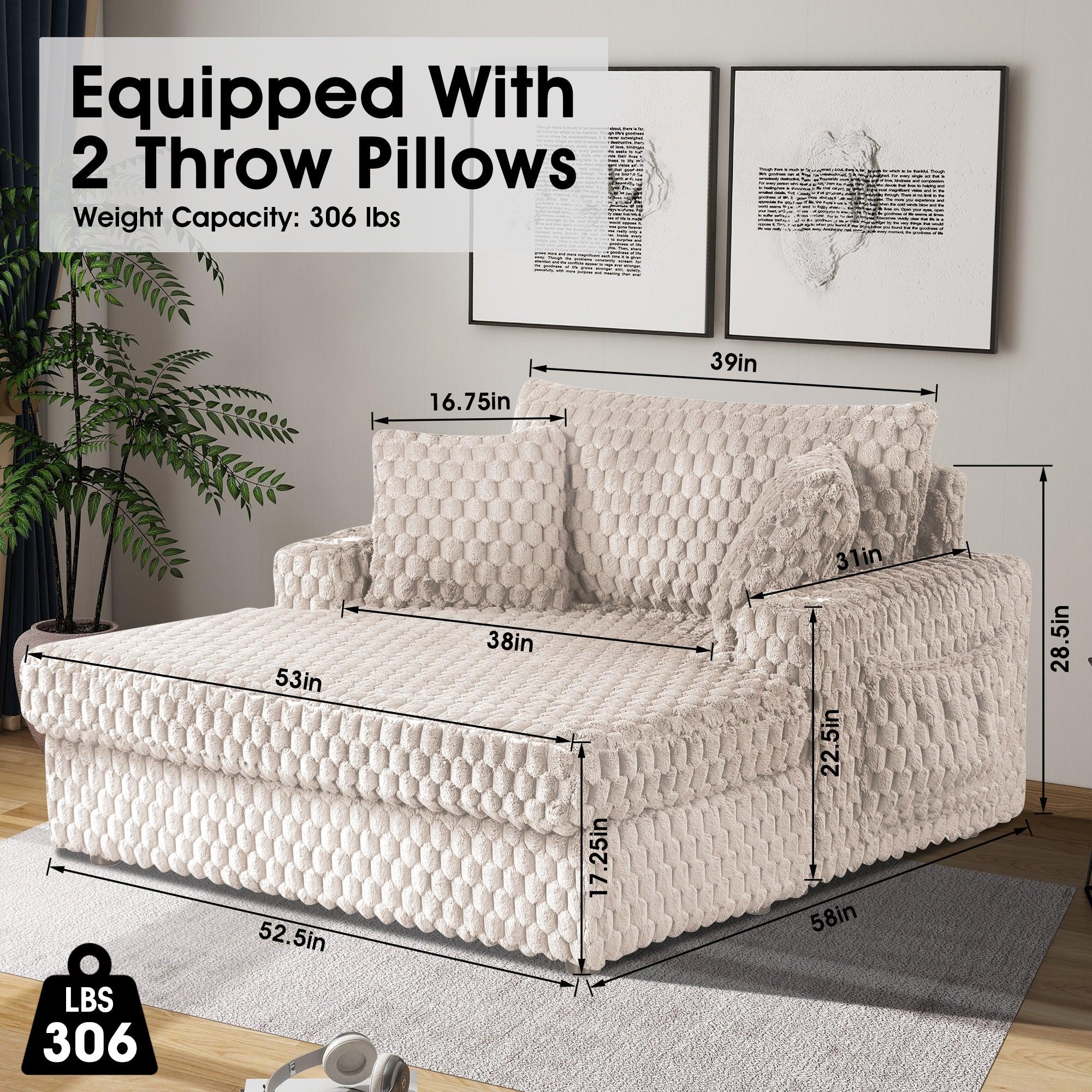 54 Inch Contemporary Indoor Upholstered Chaise Lounge Plush Sleeper Chair with Throw Pillows, 2 Cup Holders and Magazine Bags for Living Room