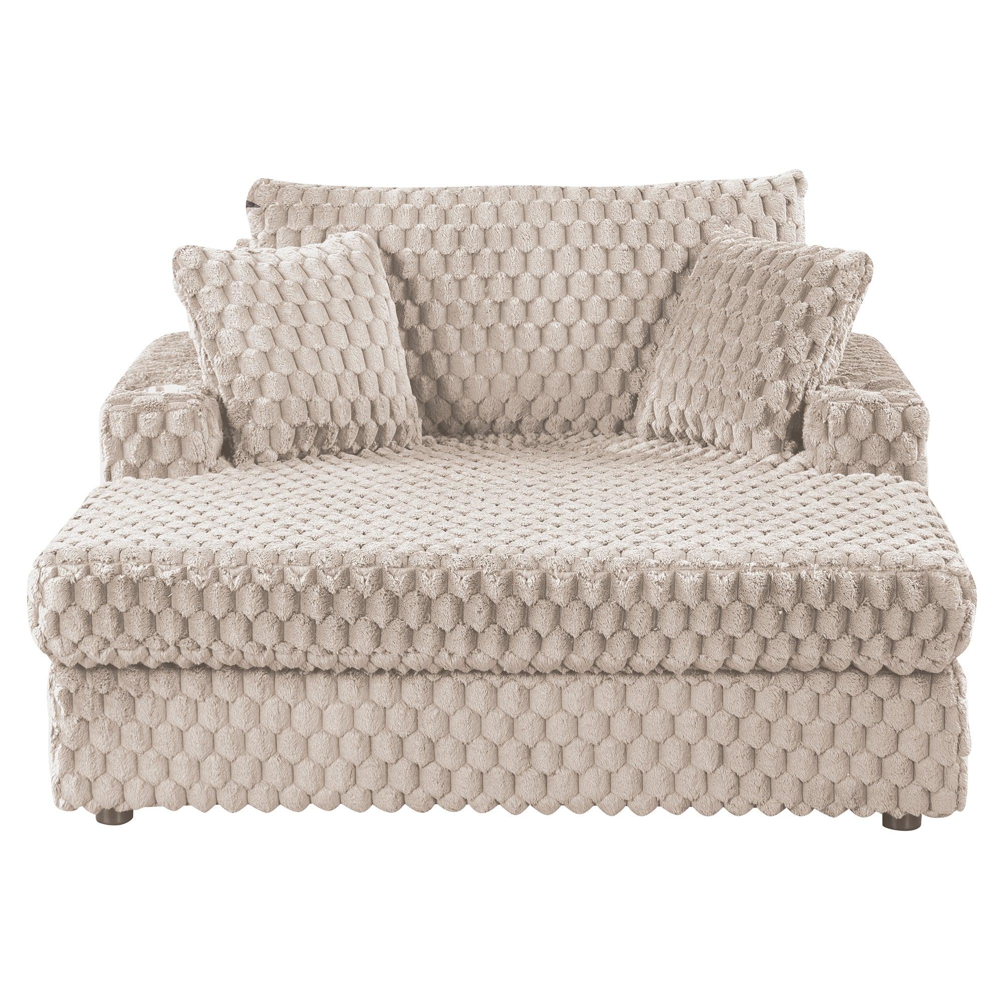 54 Inch Contemporary Indoor Upholstered Chaise Lounge Plush Sleeper Chair with Throw Pillows, 2 Cup Holders and Magazine Bags for Living Room