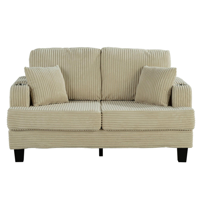Conjunto de sofá cómodo beige de 3 piezas, sofá de 3 plazas y sofá de dos plazas con otomana de almacenamiento para sala de estar con USB, bolsillos laterales y almohadas incluidas.