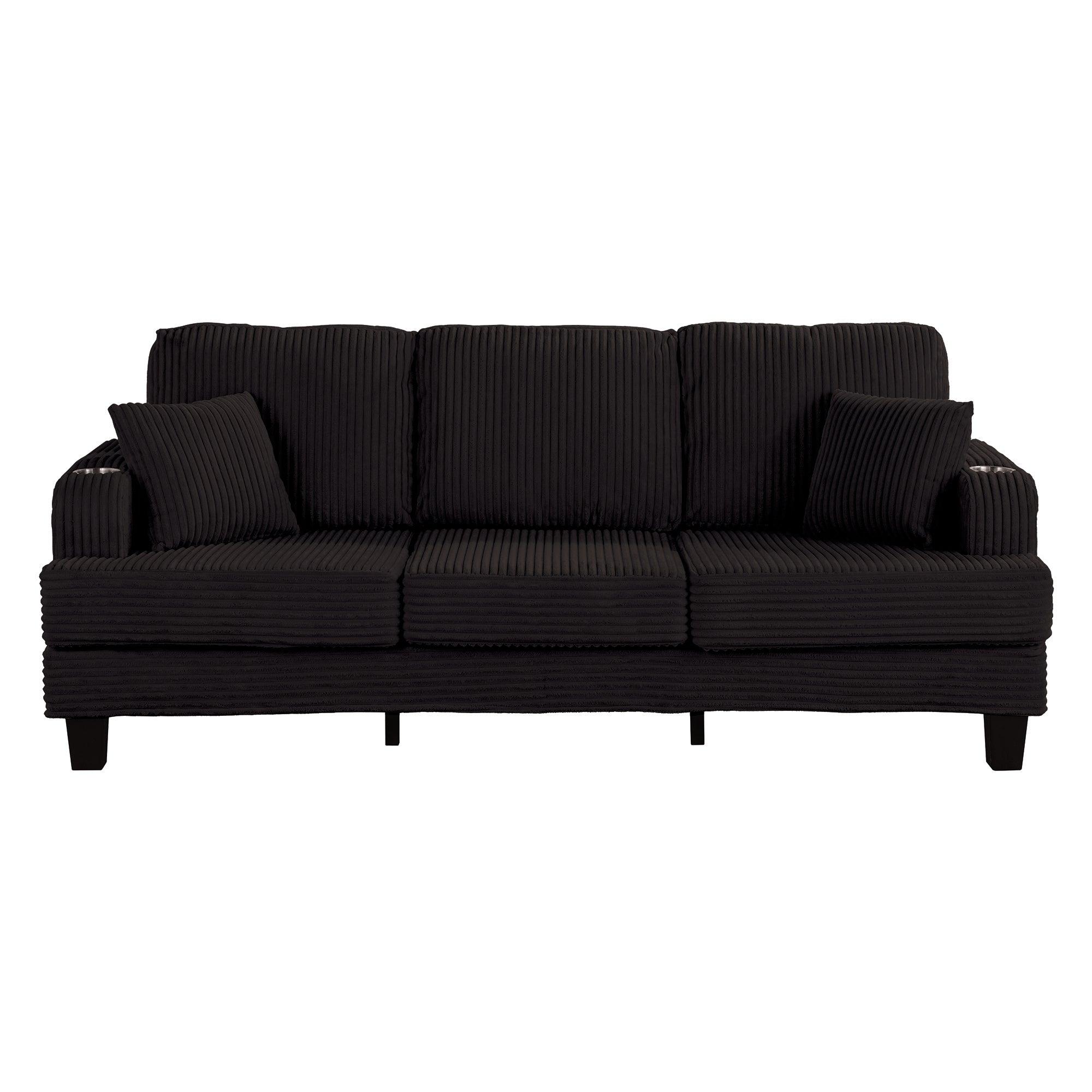 Black 3 Piece Set Comfy Sofa Couch 3-Seater & Loveseat Sofa with Storage Ottoman for Living Room with USB, Side Pockets, Pillows included