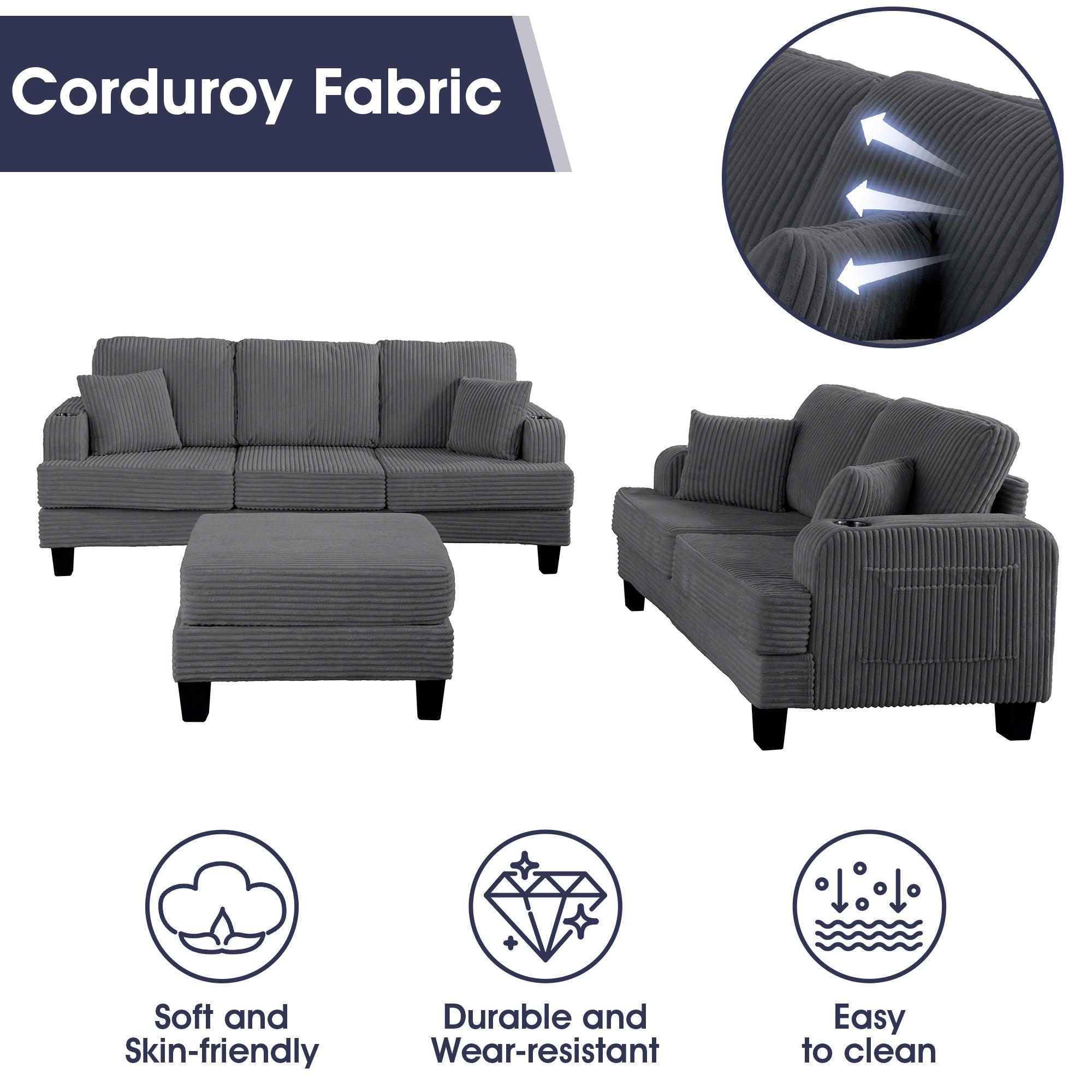 Dark Gray 3 Piece Set Comfy Sofa Couch 3-Seater & Loveseat Sofa with Storage Ottoman for Living Room with USB, Side Pockets, Pillows included