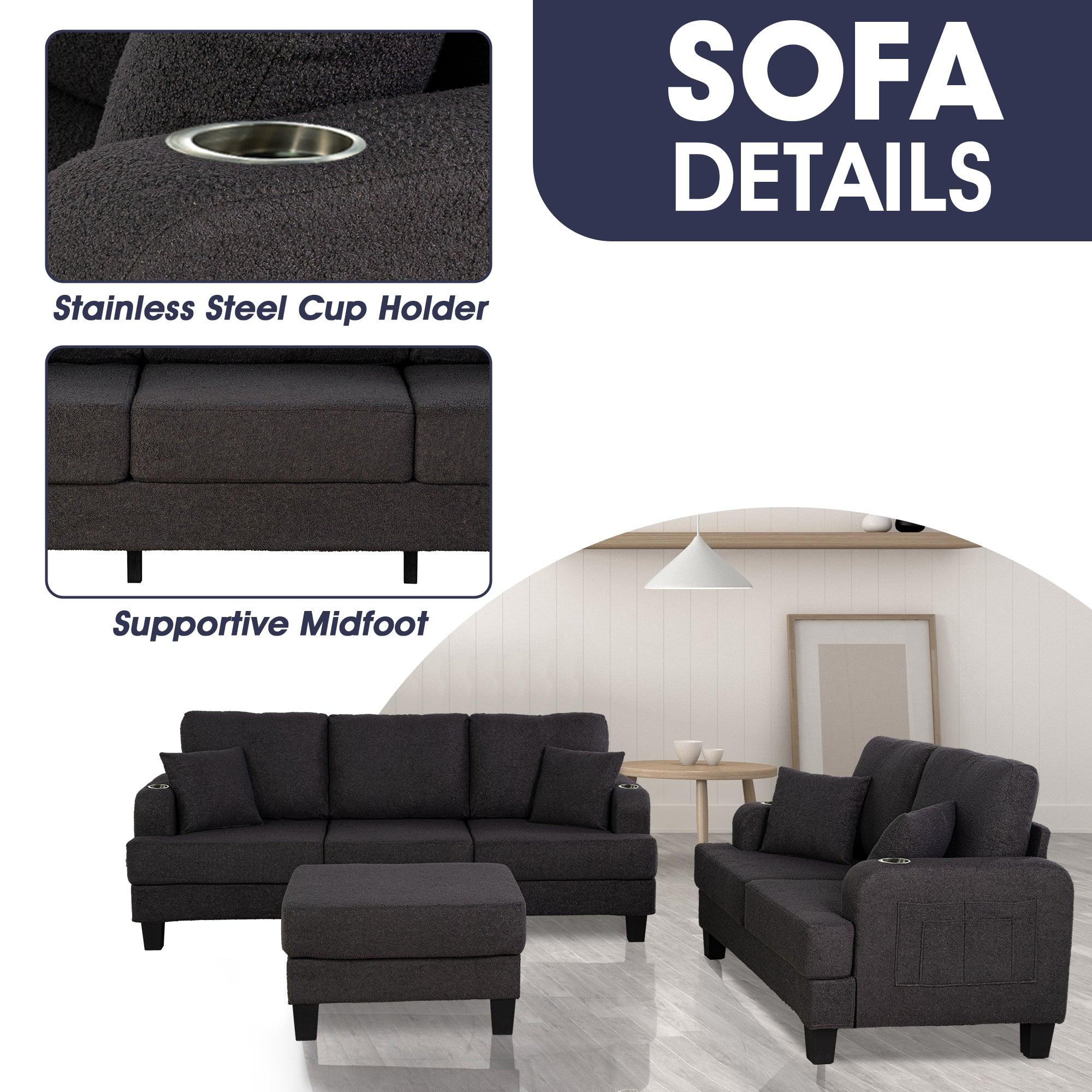 Conjunto de sofá de 3 piezas gris oscuro con otomana de almacenamiento y carga USB