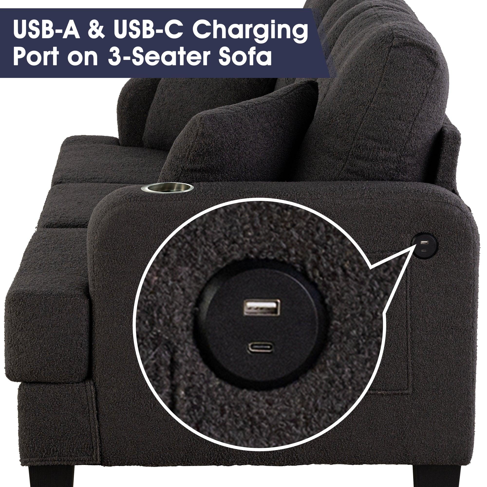 Conjunto de sofá de 3 piezas gris oscuro con otomana de almacenamiento y carga USB