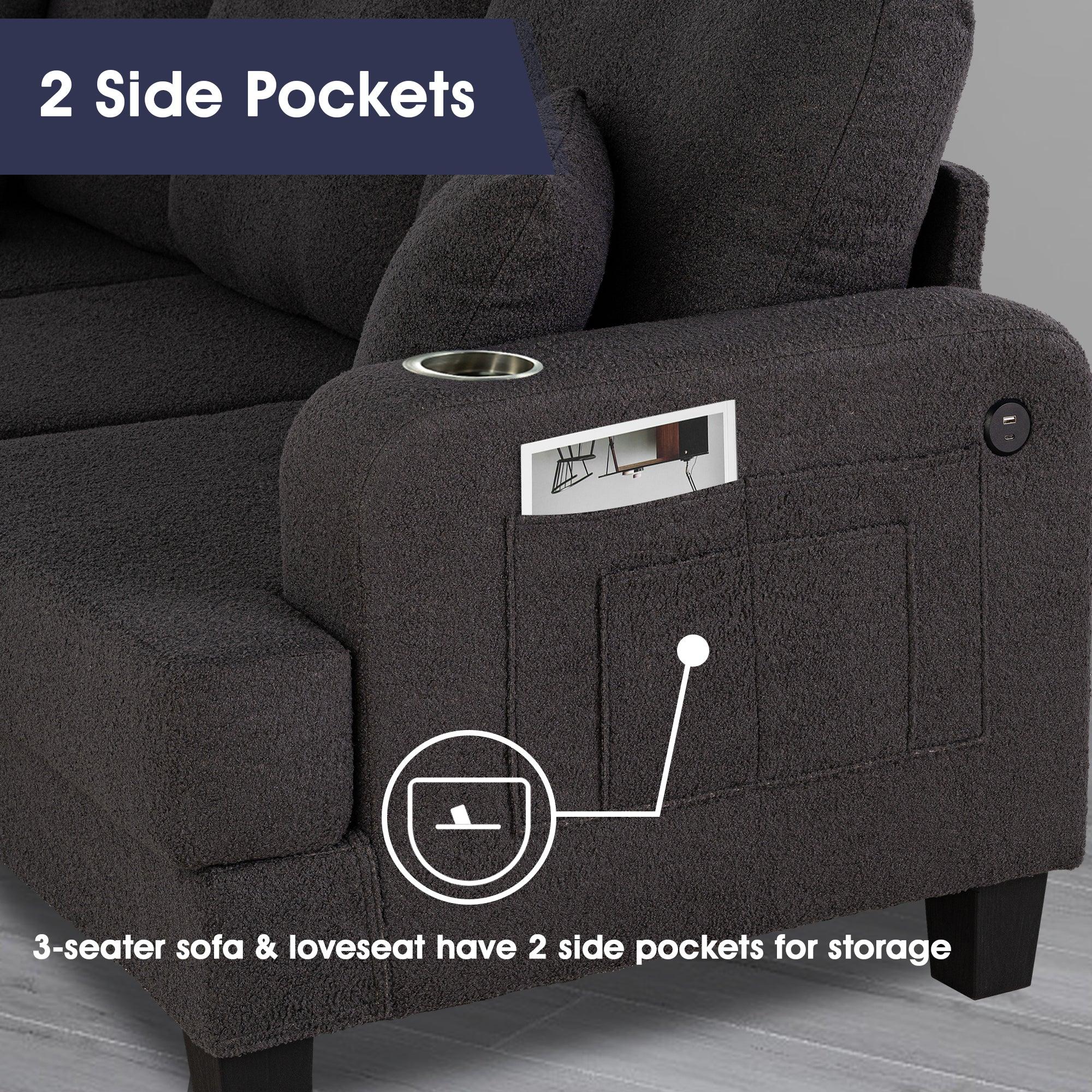 Conjunto de sofá de 3 piezas gris oscuro con otomana de almacenamiento y carga USB