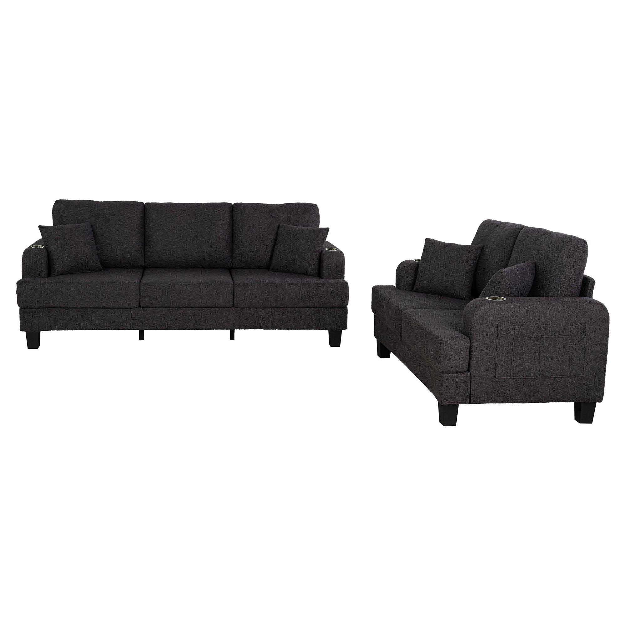 Conjunto de sofá de 3 piezas gris oscuro con otomana de almacenamiento y carga USB