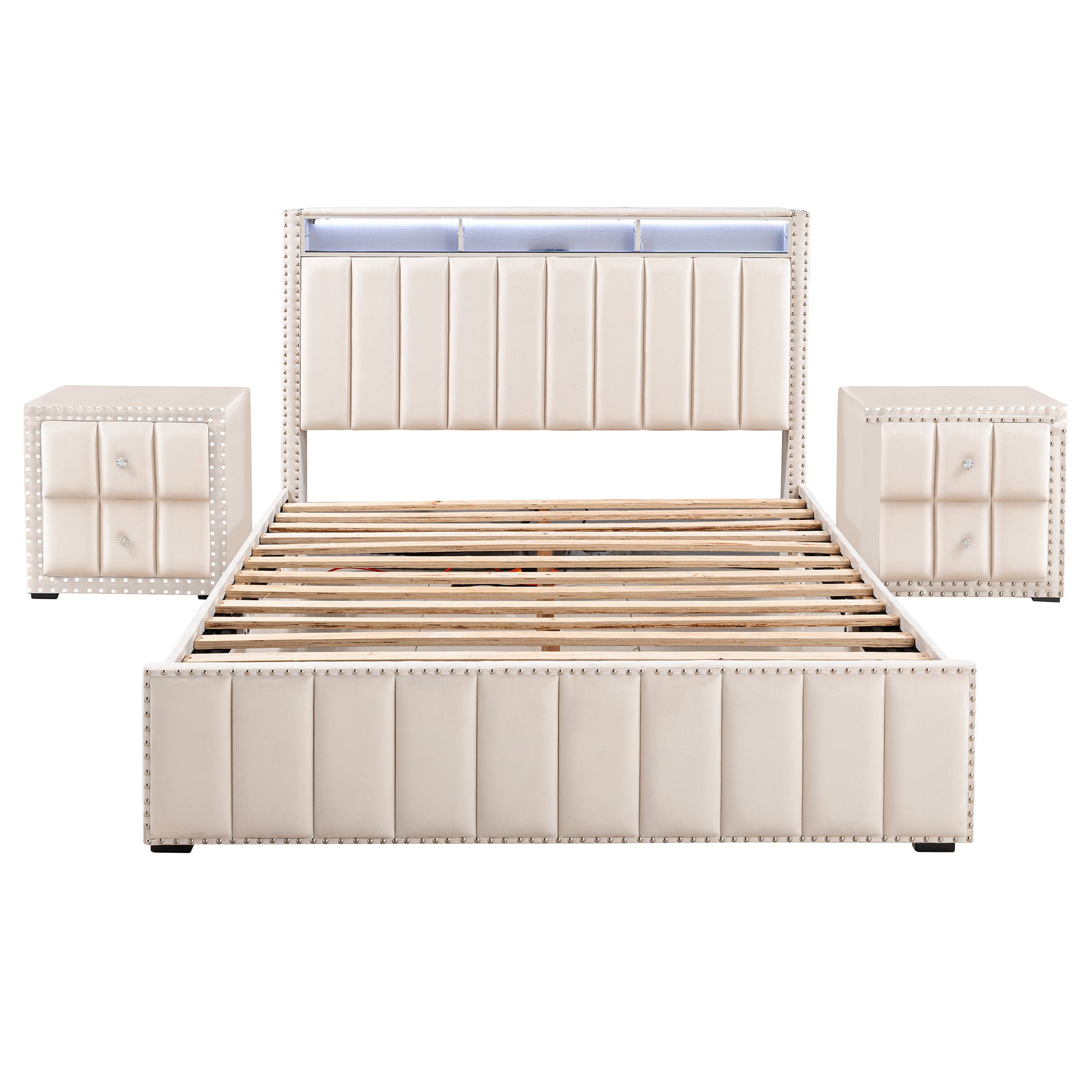 Cama de plataforma beige con elegante diseño capitoné, mueble de dormitorio duradero con soporte de listones de madera, sin necesidad de somier.