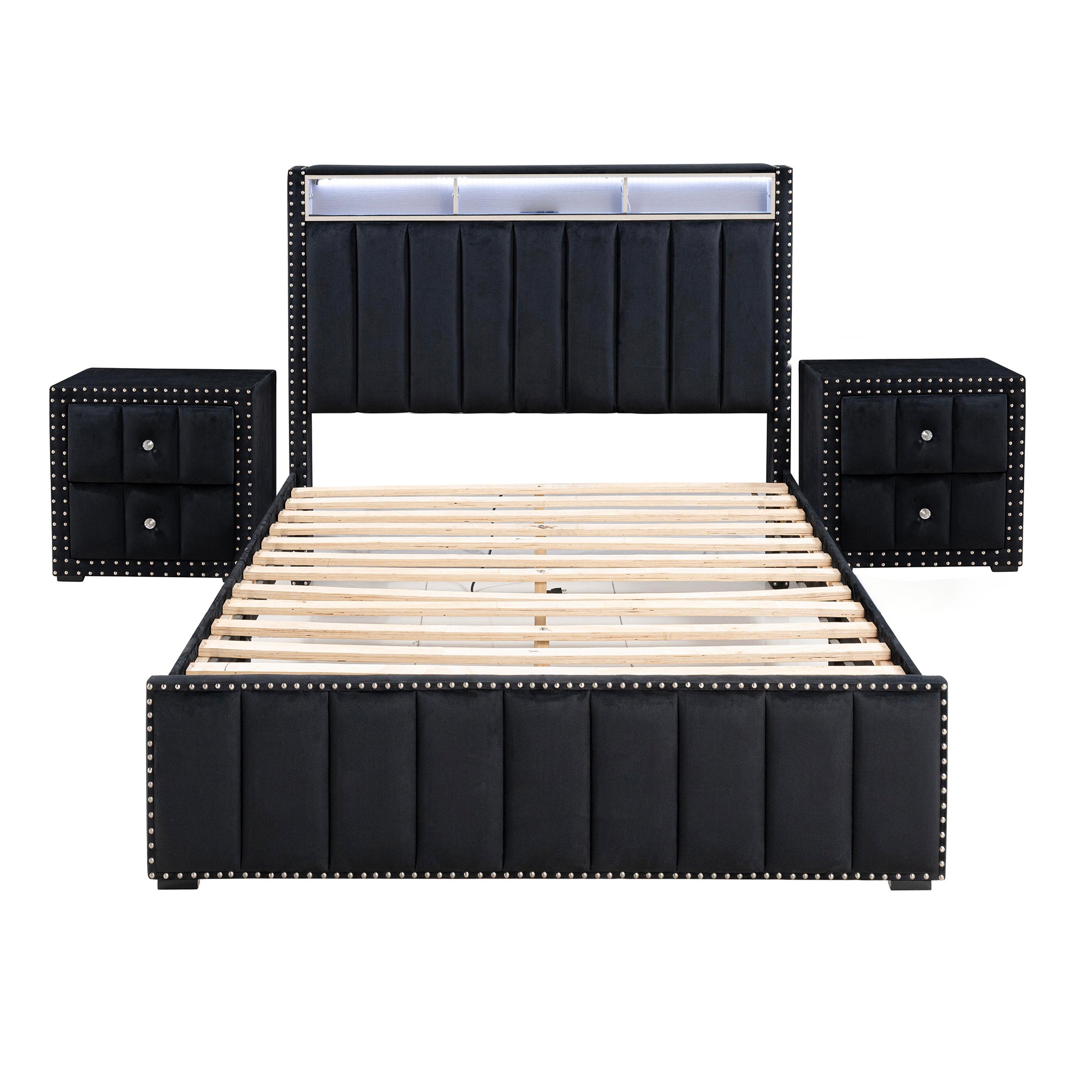 Cama de plataforma beige con elegante diseño capitoné, mueble de dormitorio duradero con soporte de listones de madera, sin necesidad de somier.