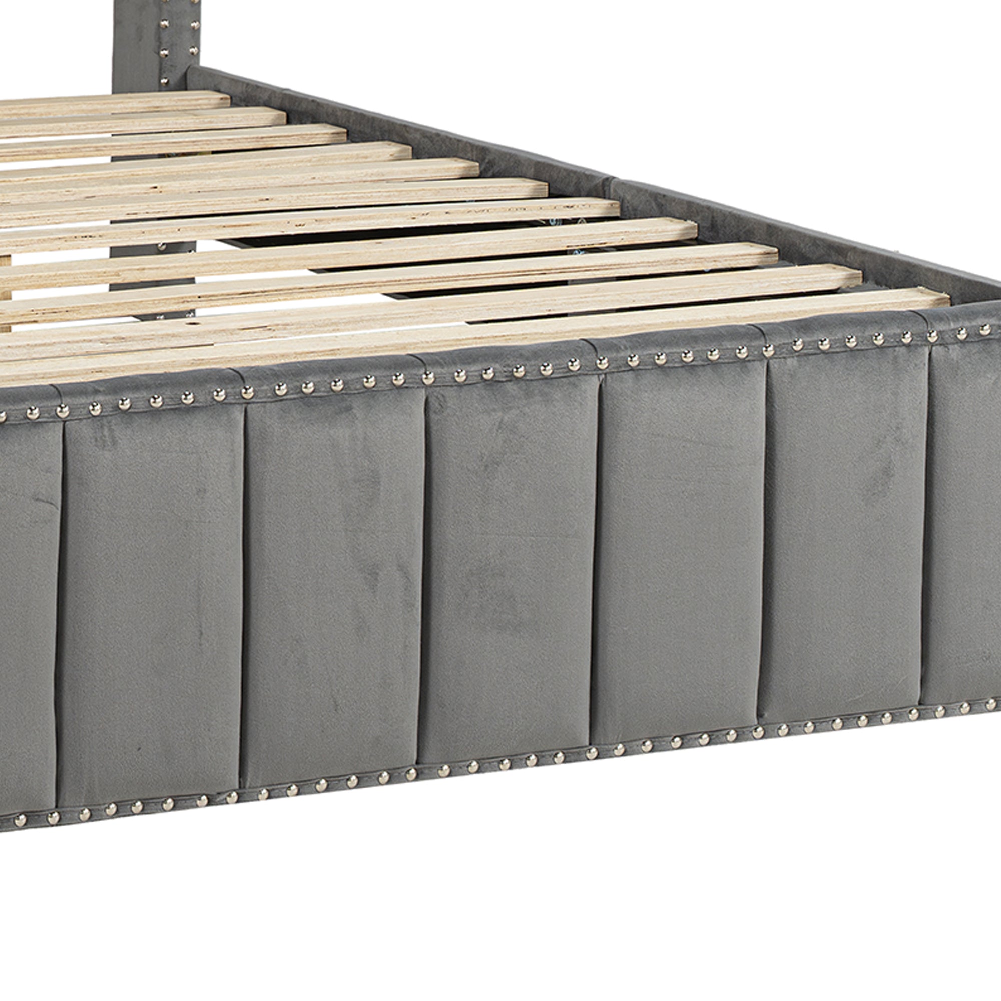 Cama de plataforma beige con elegante diseño capitoné, mueble de dormitorio duradero con soporte de listones de madera, sin necesidad de somier.