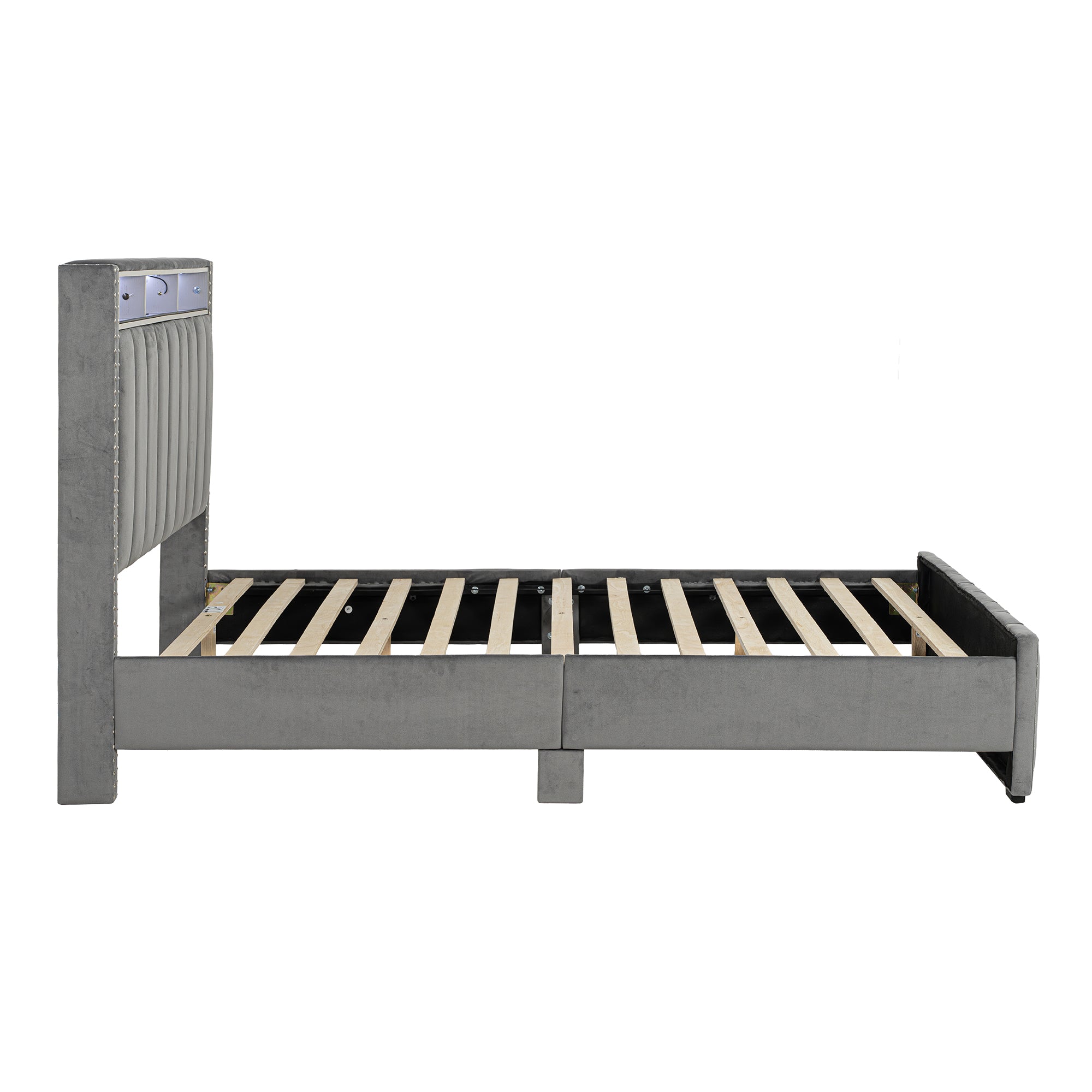Cama de plataforma beige con elegante diseño capitoné, mueble de dormitorio duradero con soporte de listones de madera, sin necesidad de somier.