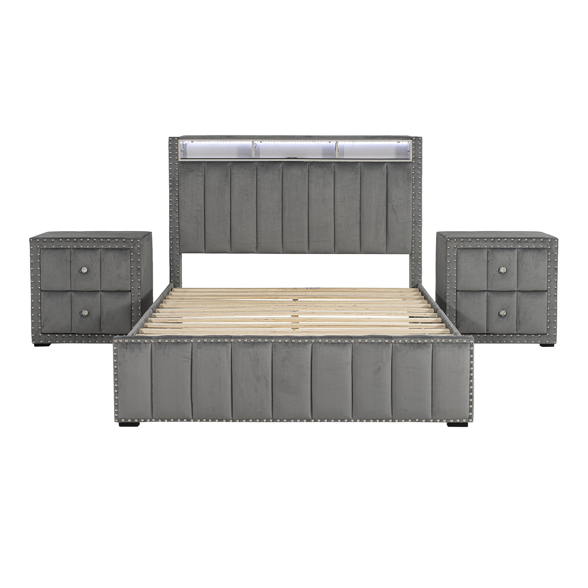 Cama de plataforma beige con elegante diseño capitoné, mueble de dormitorio duradero con soporte de listones de madera, sin necesidad de somier.