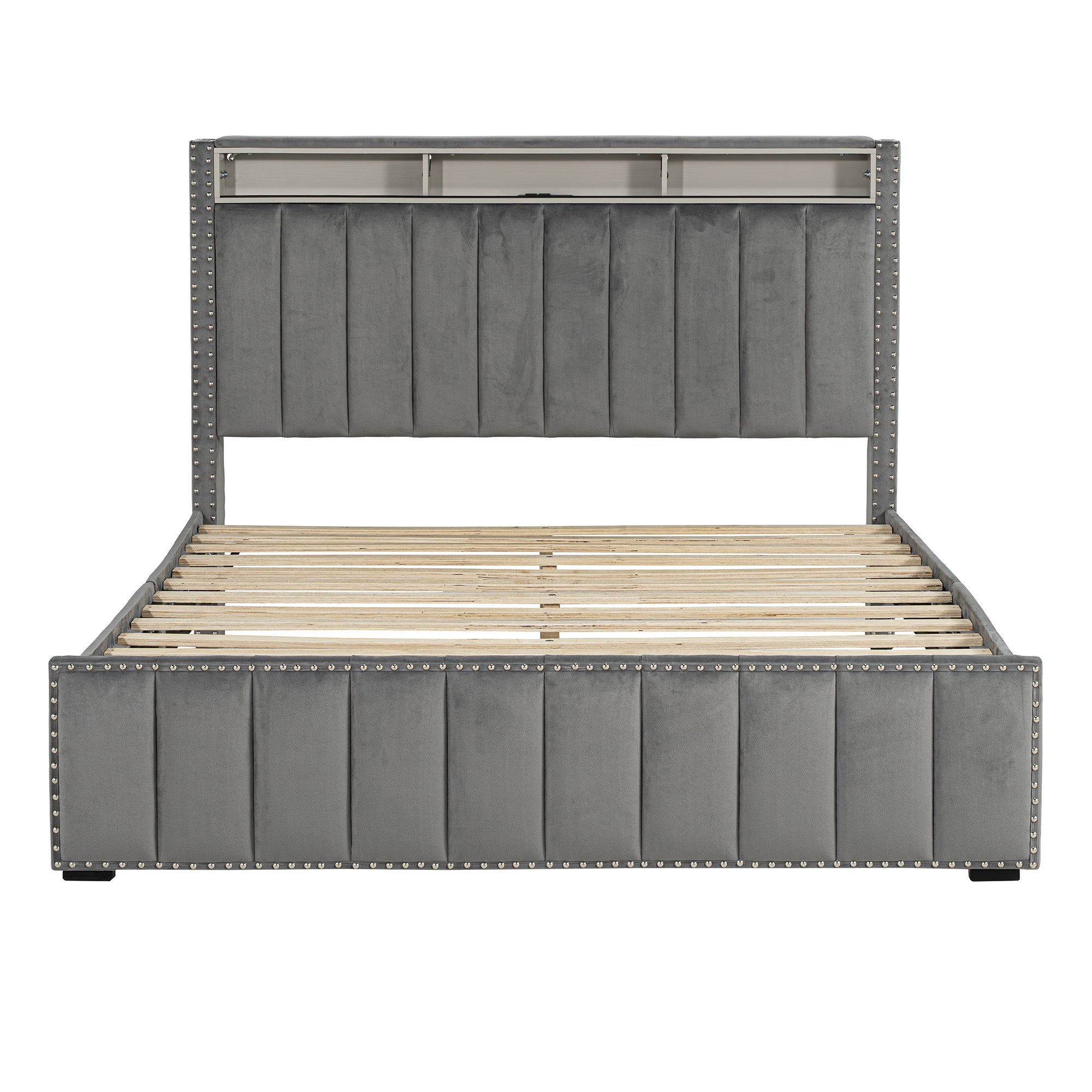 Cama de plataforma beige con elegante diseño capitoné, mueble de dormitorio duradero con soporte de listones de madera, sin necesidad de somier.