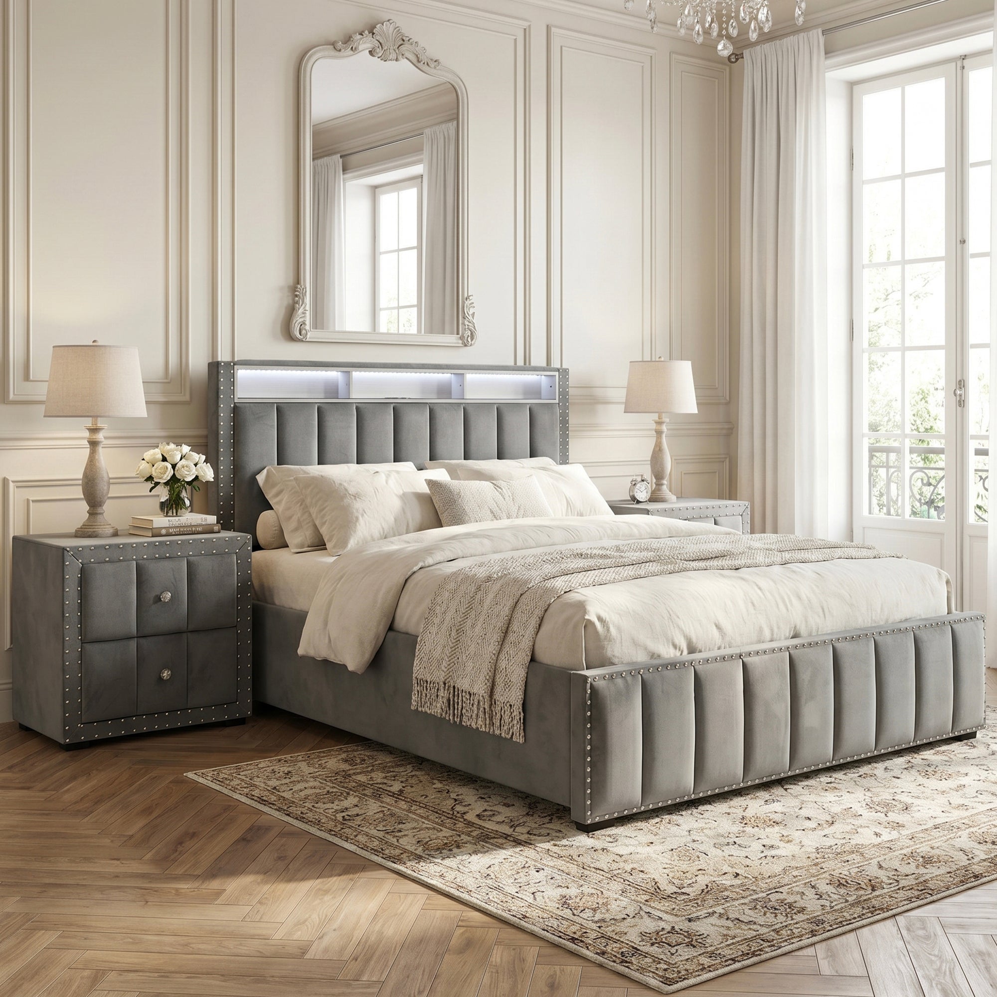 Cama de plataforma beige con elegante diseño capitoné, mueble de dormitorio duradero con soporte de listones de madera, sin necesidad de somier.