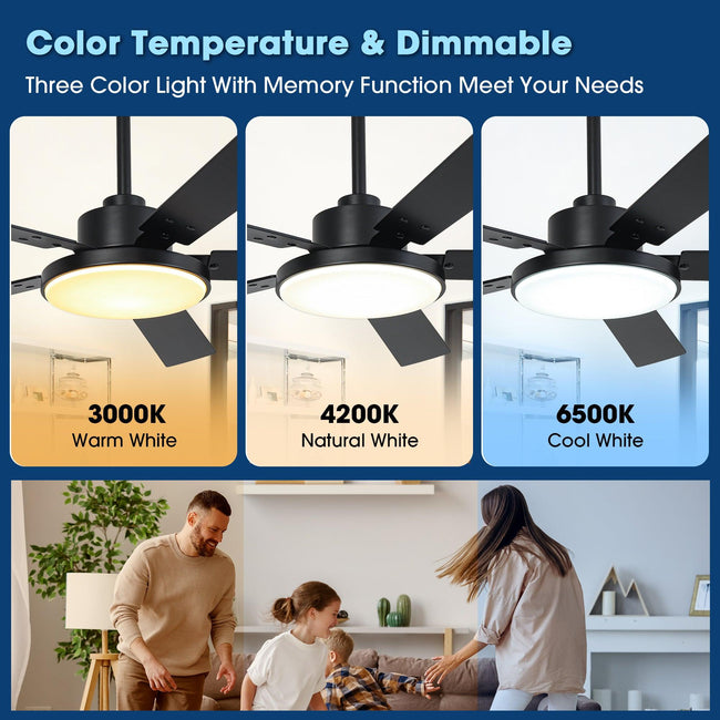 Ventilador de techo moderno Vaczon de 52 pulgadas con motor de CC y 5 aspas, luz LED y control remoto.