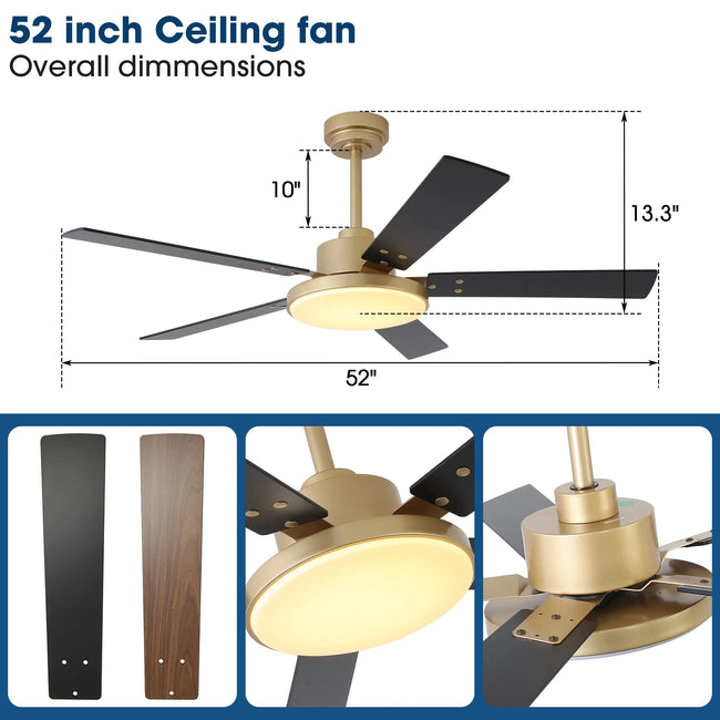 Ventilador de techo moderno Vaczon de 52 pulgadas con aspas de doble cara, control remoto y luz LED