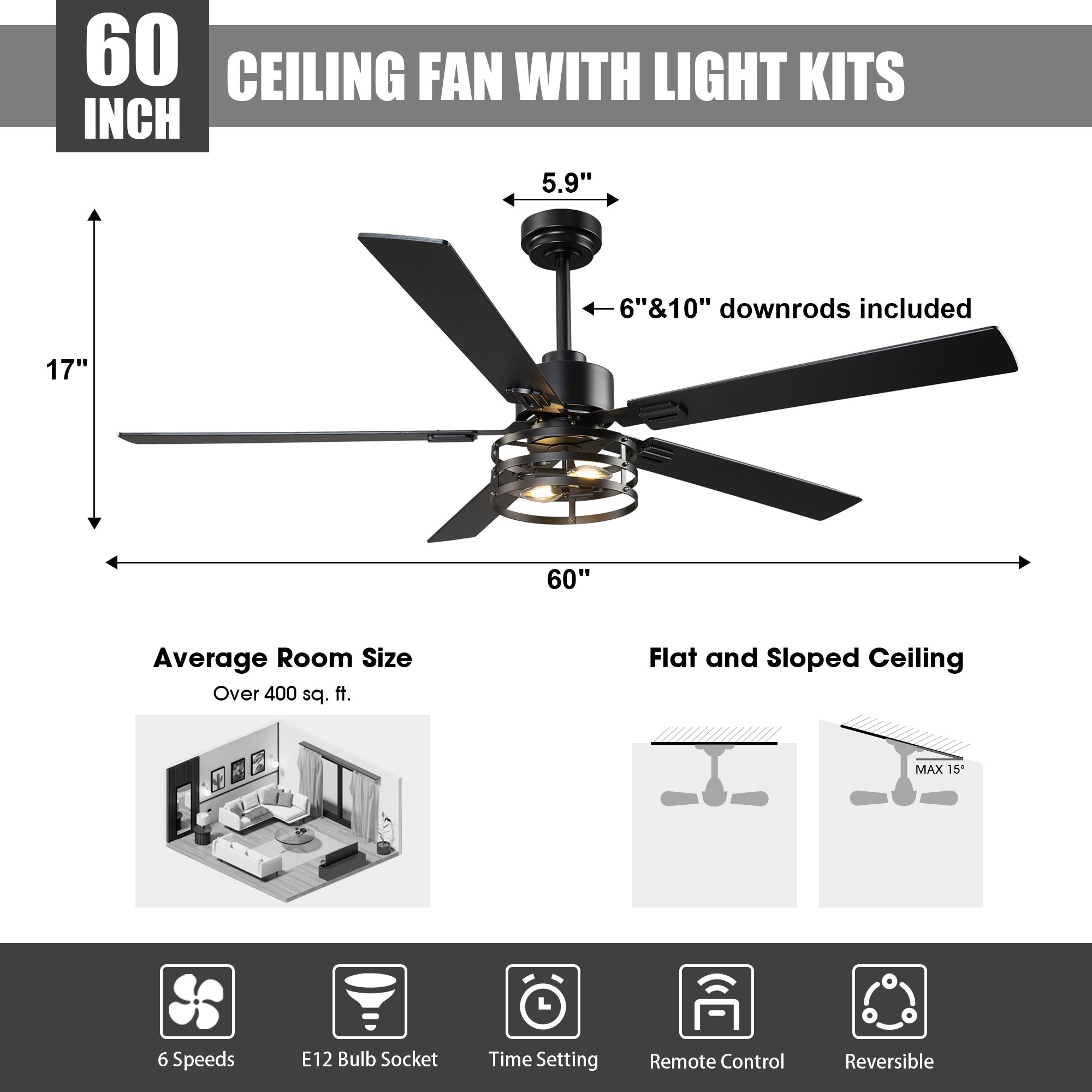 Vaczon 52 Inch 60 Inch Industrial Downrod Ceiling Fan with Light and APP & Remote Control