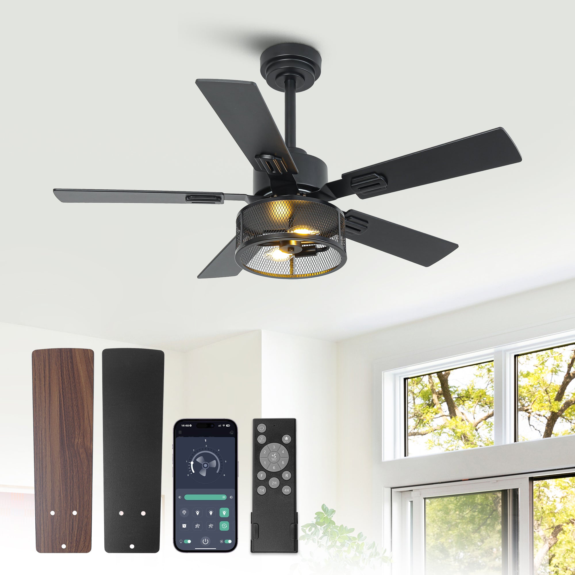 Vaczon 42 Inch 52 Inch 60 Inch Eden Downrod Mount Ceiling Fan with Light and APP & Remote Control