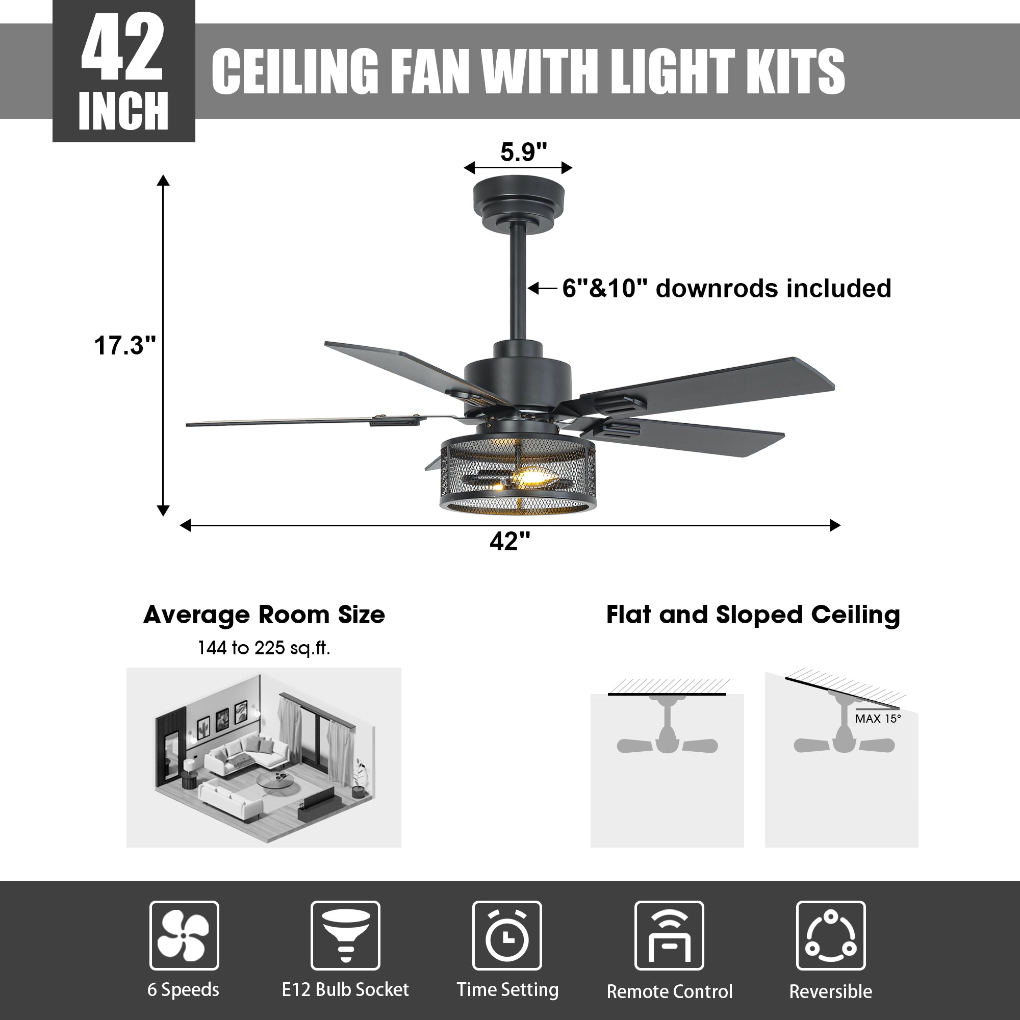 Vaczon 42 Inch 52 Inch 60 Inch Eden Downrod Mount Ceiling Fan with Light and APP & Remote Control