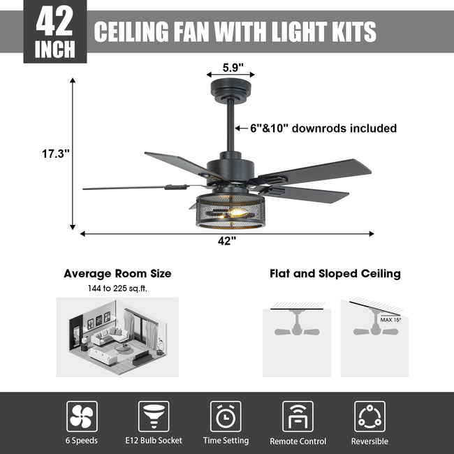 Vaczon 42 Inch 52 Inch 60 Inch Eden Downrod Mount Ceiling Fan with Light and APP & Remote Control
