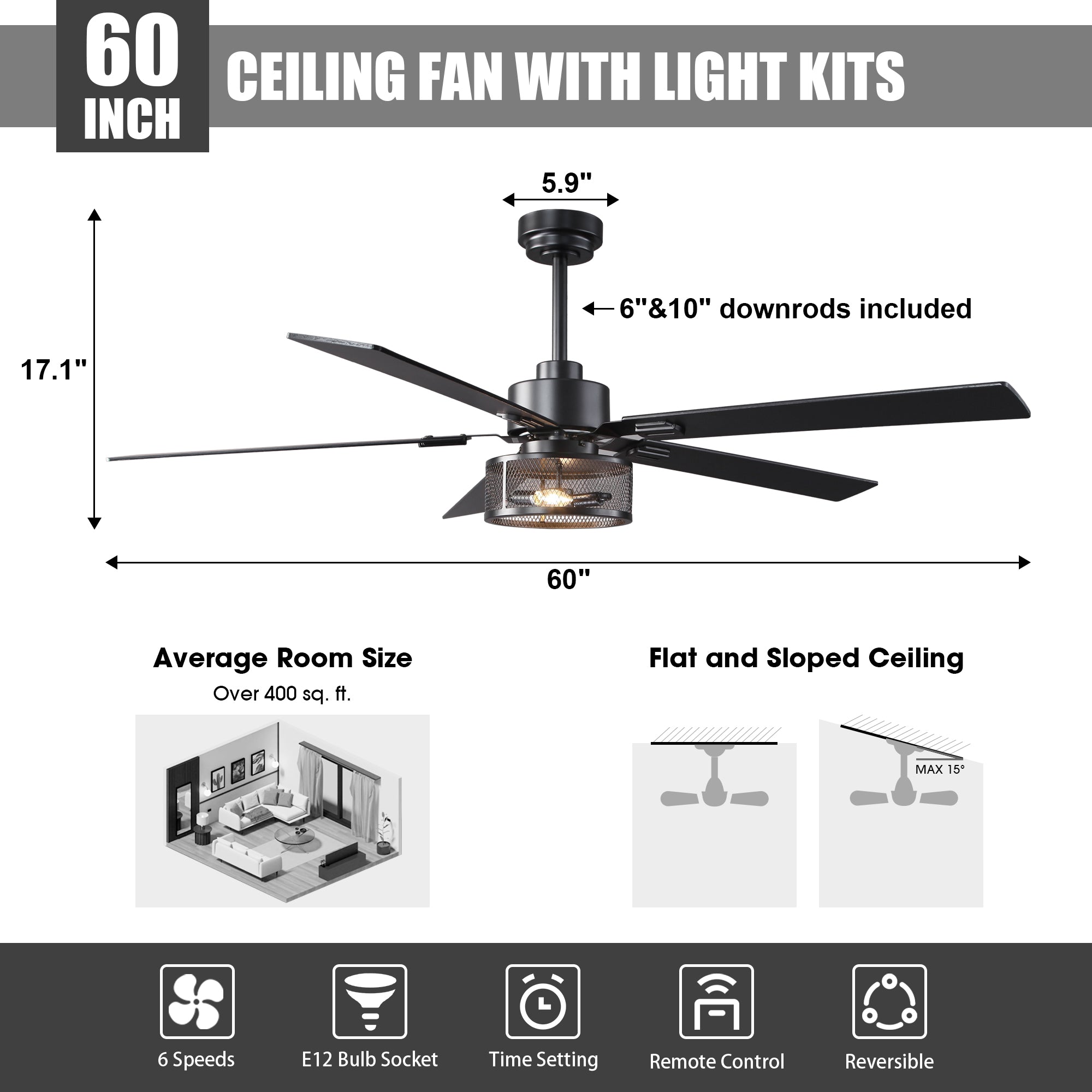 Vaczon 42 Inch 52 Inch 60 Inch Eden Downrod Mount Ceiling Fan with Light and APP & Remote Control