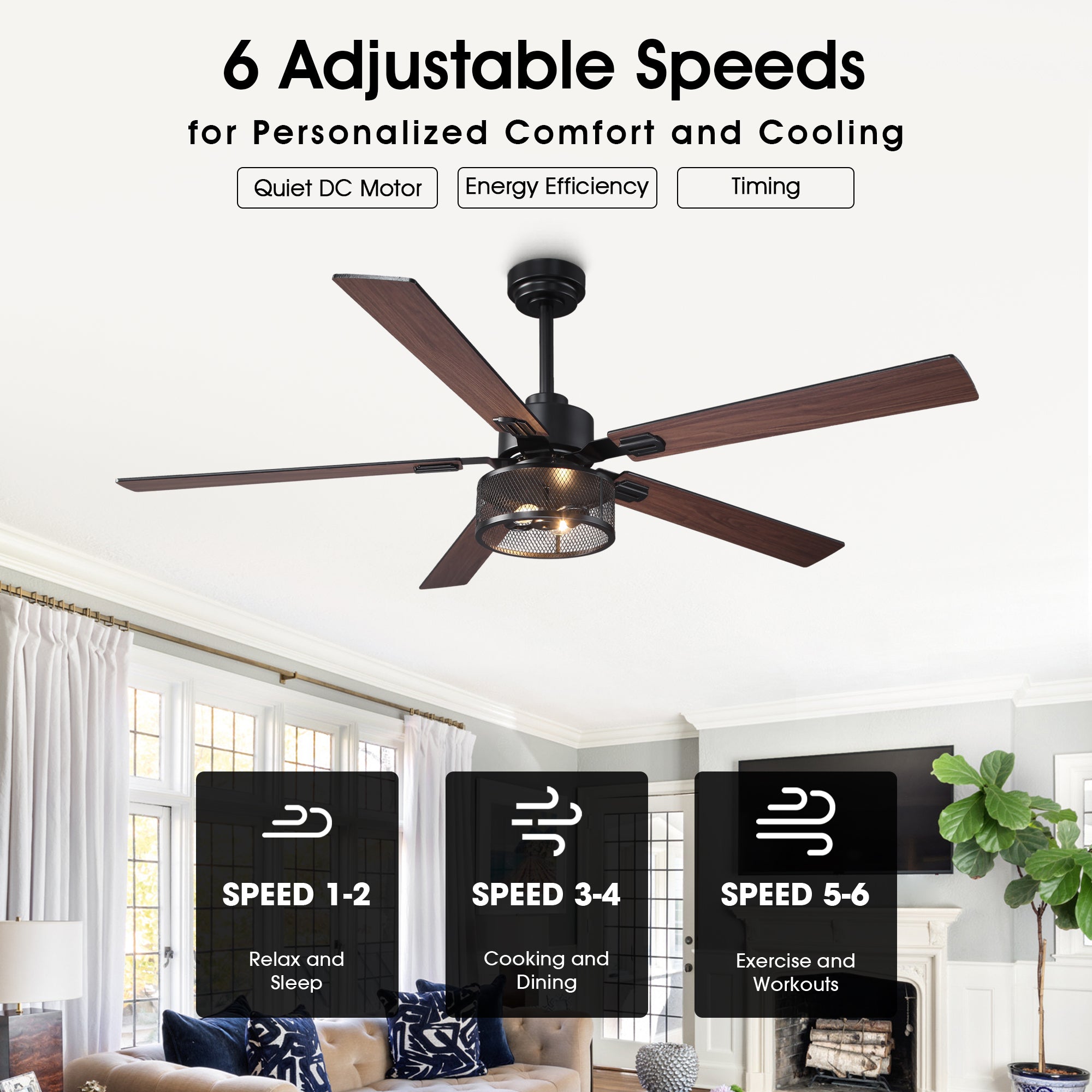 Vaczon 42 Inch 52 Inch 60 Inch Eden Downrod Mount Ceiling Fan with Light and APP & Remote Control