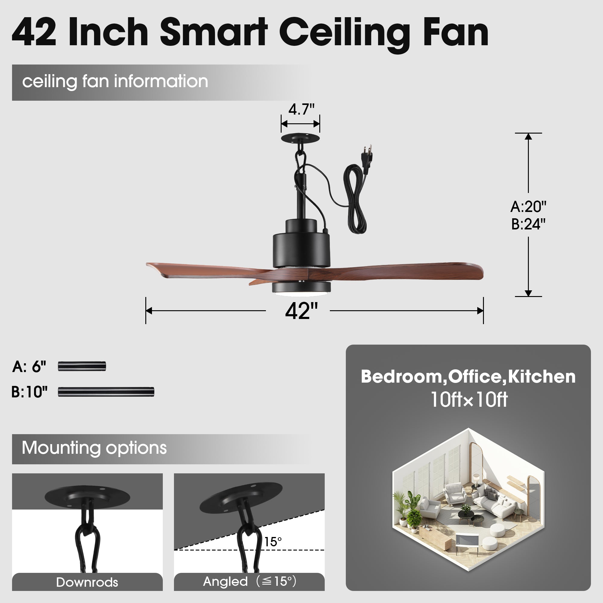 Vaczon 42 Inch IP54 Outdoor Hanging Buckle Downrod LED Fan with APP & Remote Control