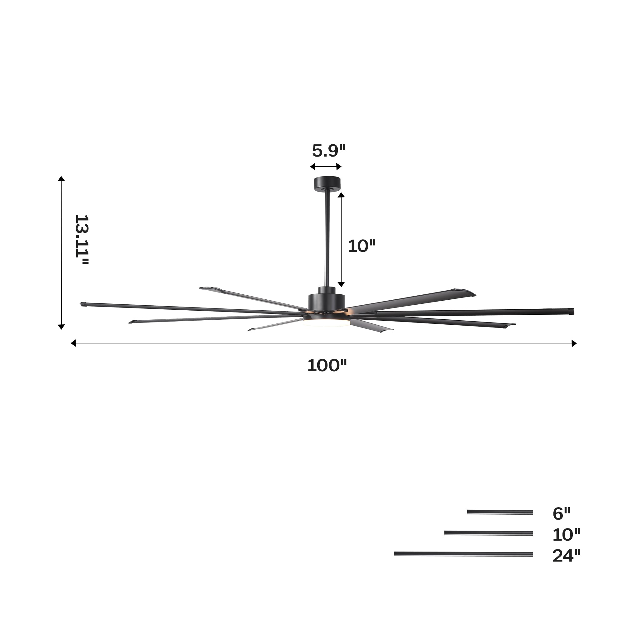 Vaczon 84 Inch 100 Inch Black HVLS Fan LED Large Ceiling Fan with Remote Control