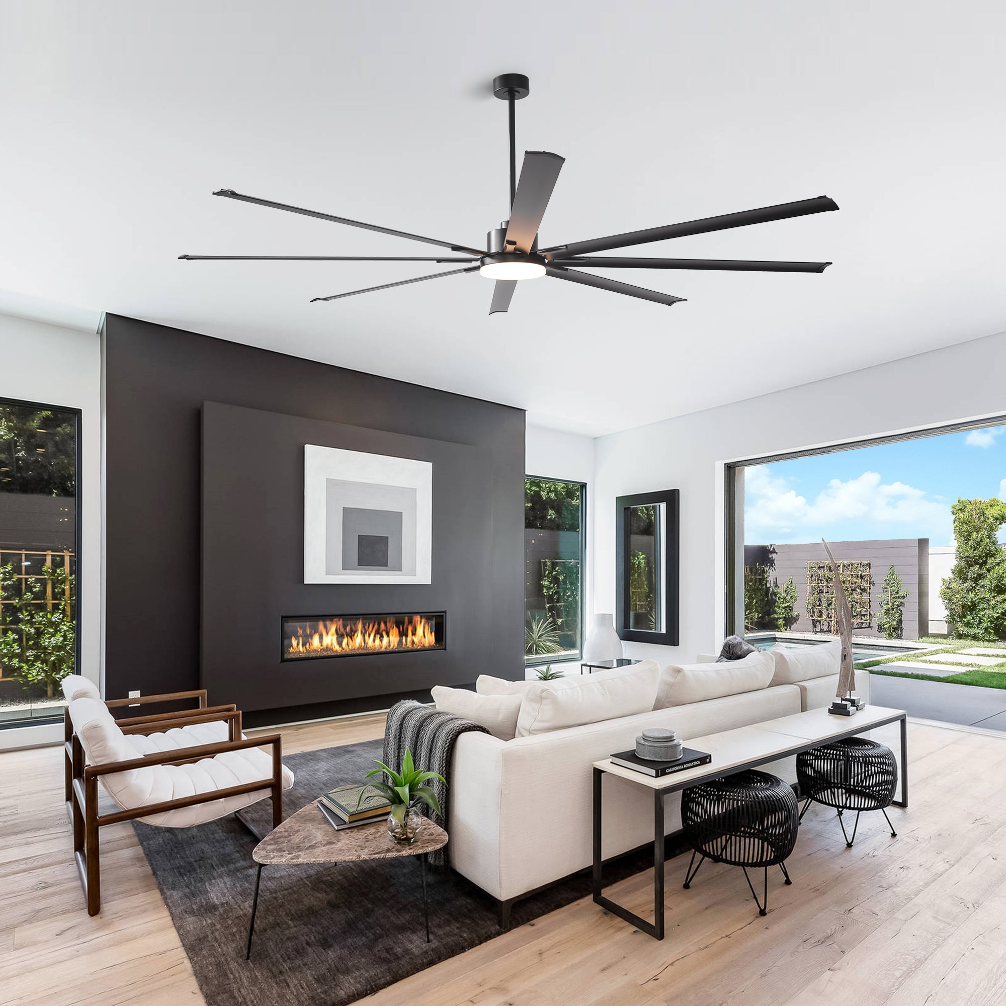 Vaczon 84 Inch 100 Inch Black HVLS Fan LED Large Ceiling Fan with Remote Control