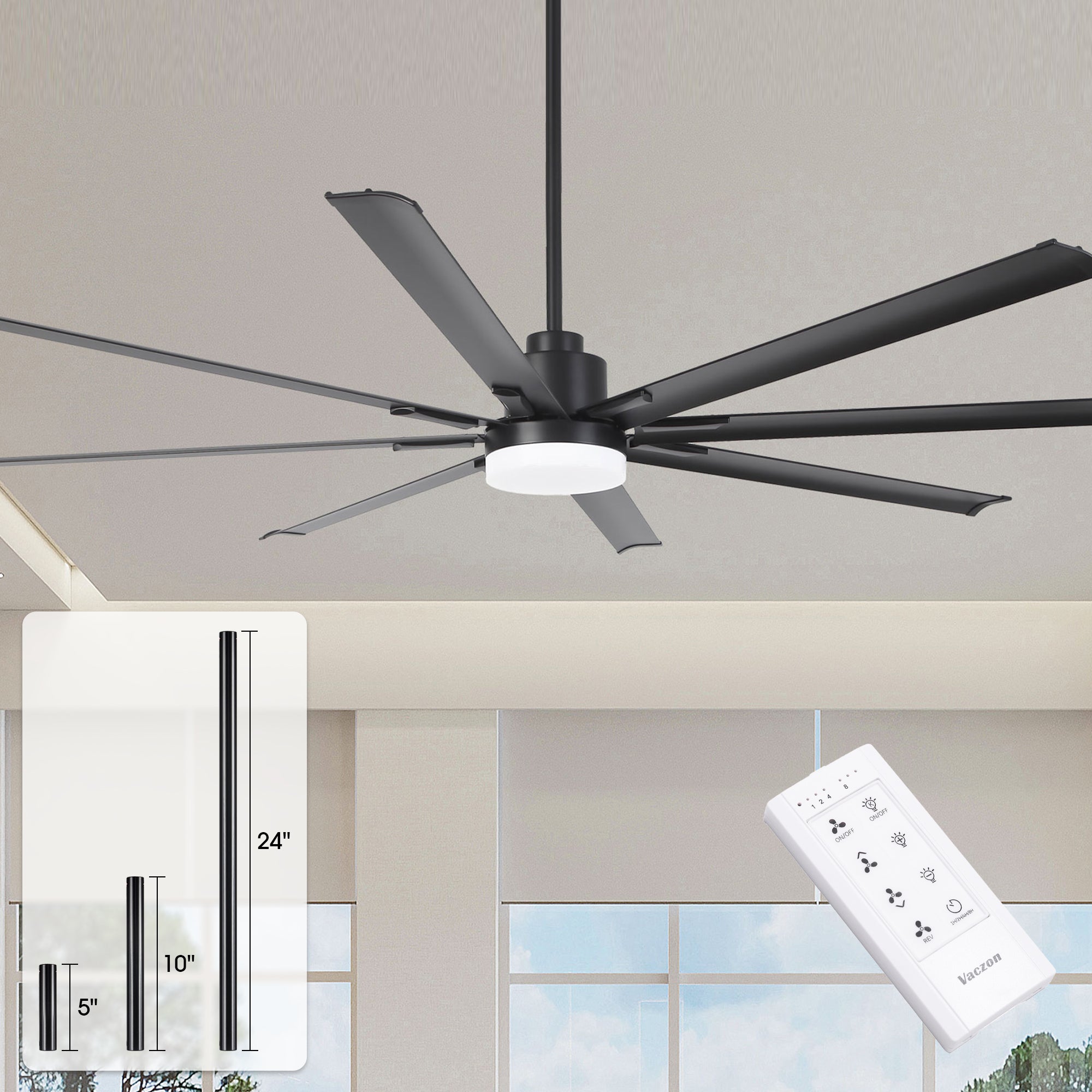 Vaczon 84 Inch 100 Inch Black HVLS Fan LED Large Ceiling Fan with Remote Control