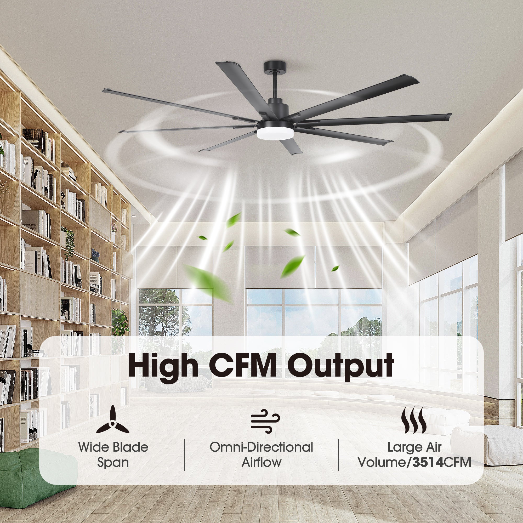 Vaczon 84 Inch 100 Inch Black HVLS Fan LED Large Ceiling Fan with Remote Control