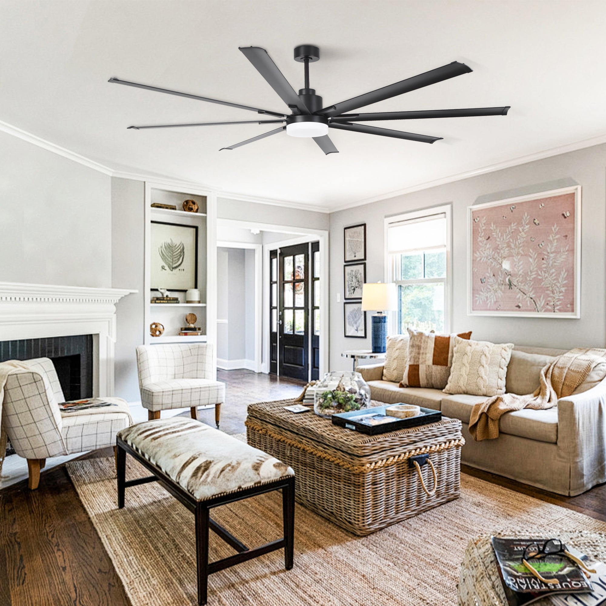 Vaczon 84 Inch 100 Inch Black HVLS Fan LED Large Ceiling Fan with Remote Control