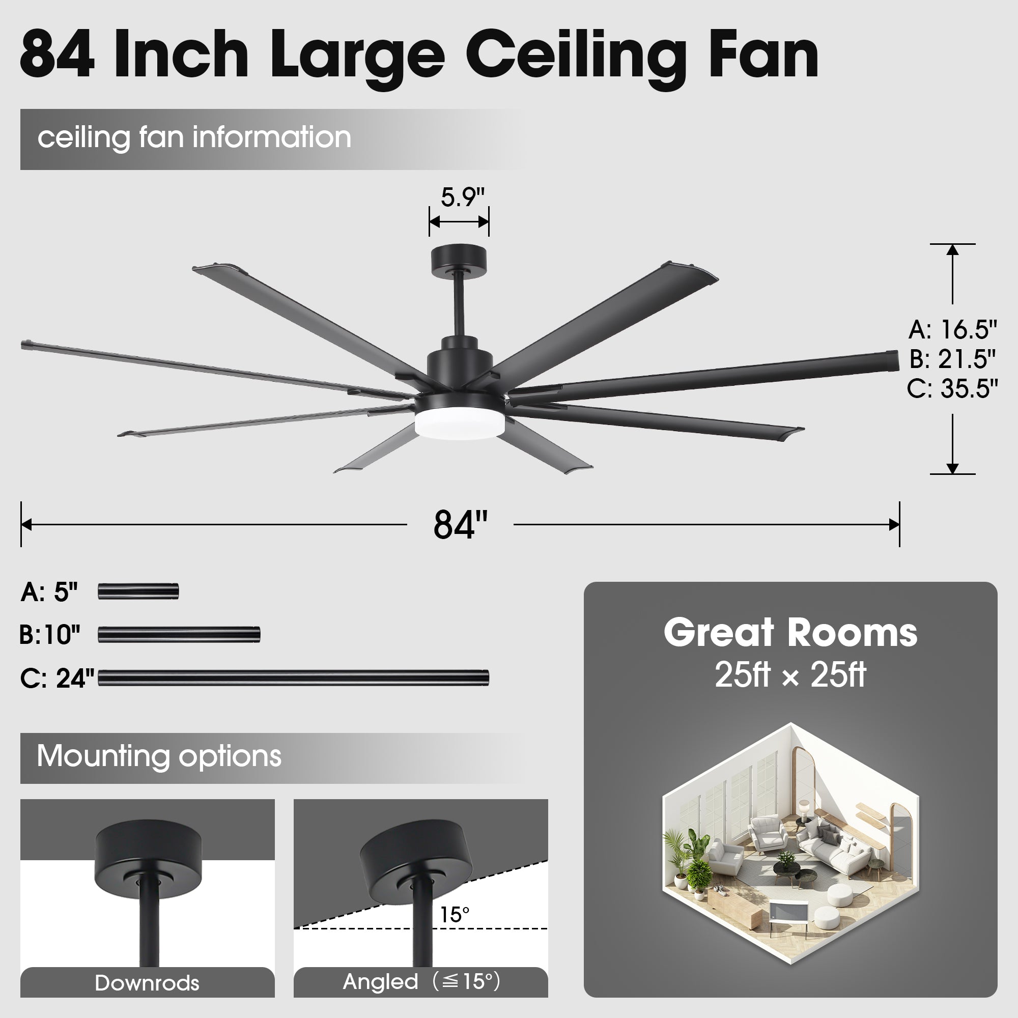 Vaczon 84 Inch 100 Inch Black HVLS Fan LED Large Ceiling Fan with Remote Control