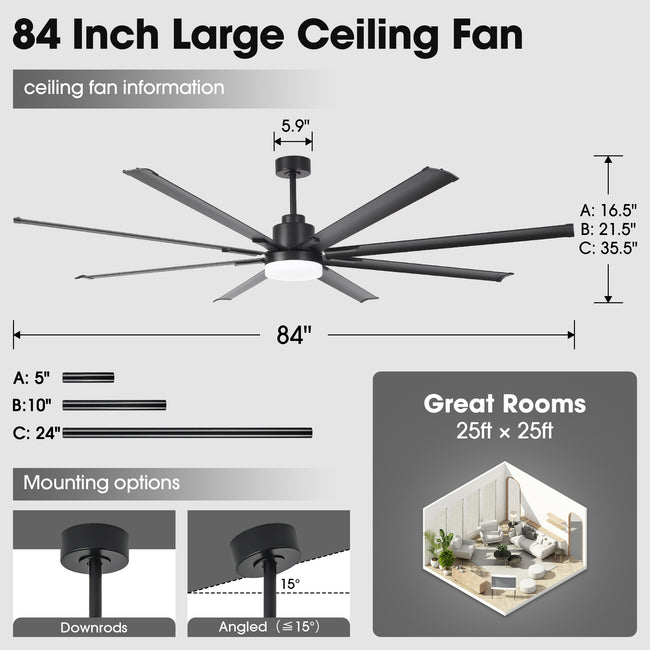 Vaczon 84 Inch 100 Inch Black HVLS Fan LED Large Ceiling Fan with Remote Control