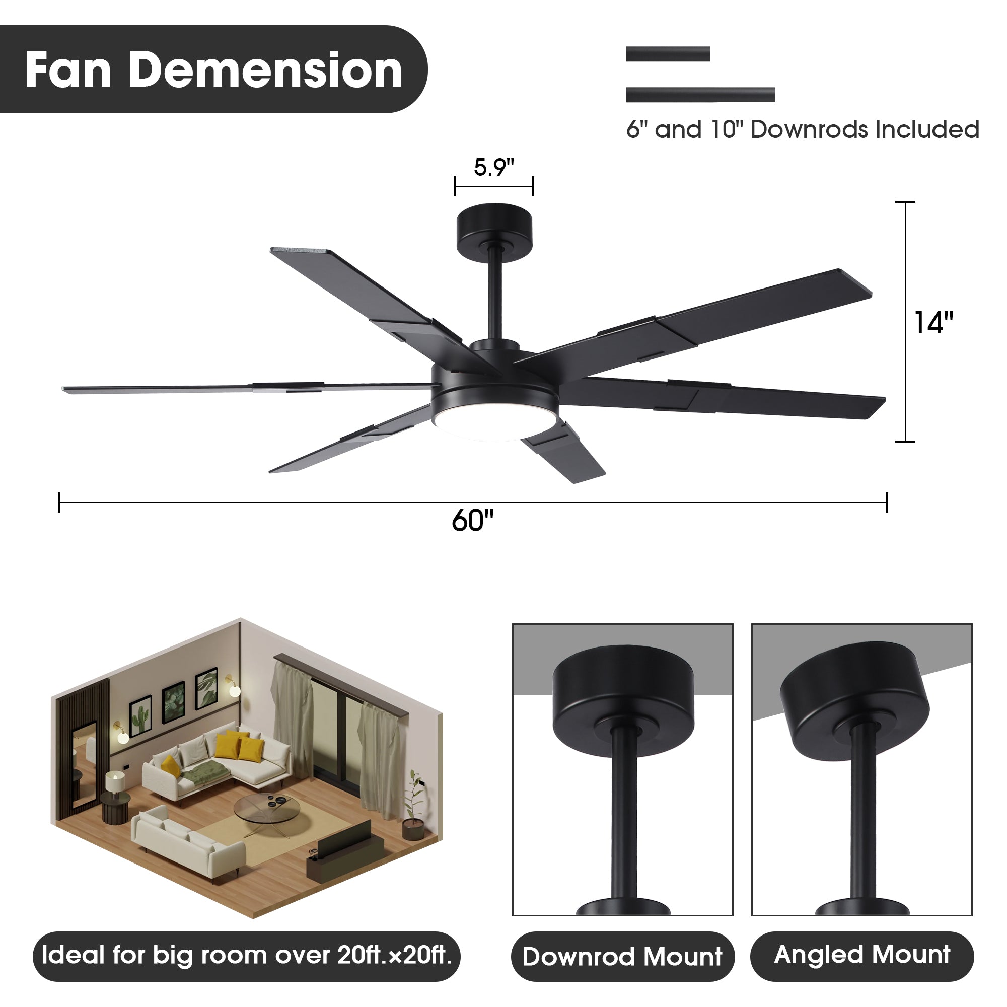Vaczon 60 Inch Industrial Double-sided Blades LED Ceiling Fan with APP & Remote Control