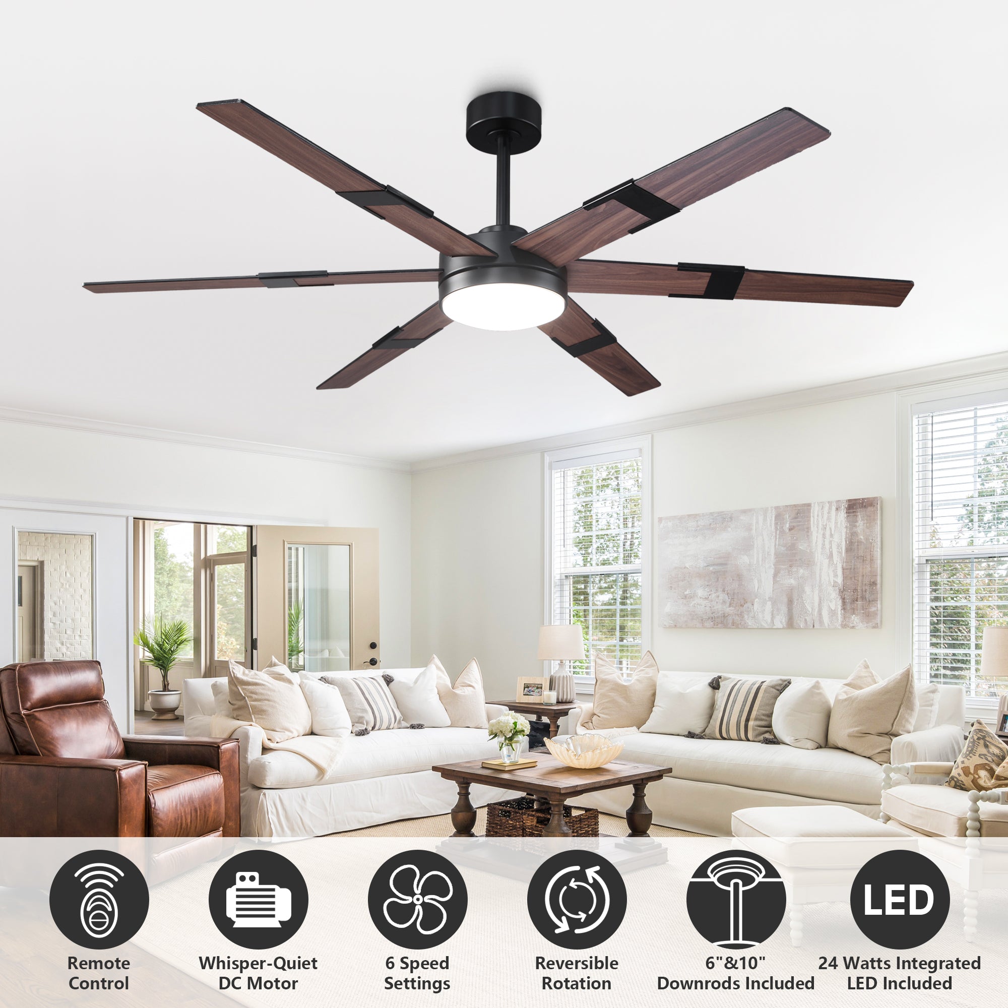 Vaczon 60 Inch Industrial Double-sided Blades LED Ceiling Fan with APP & Remote Control