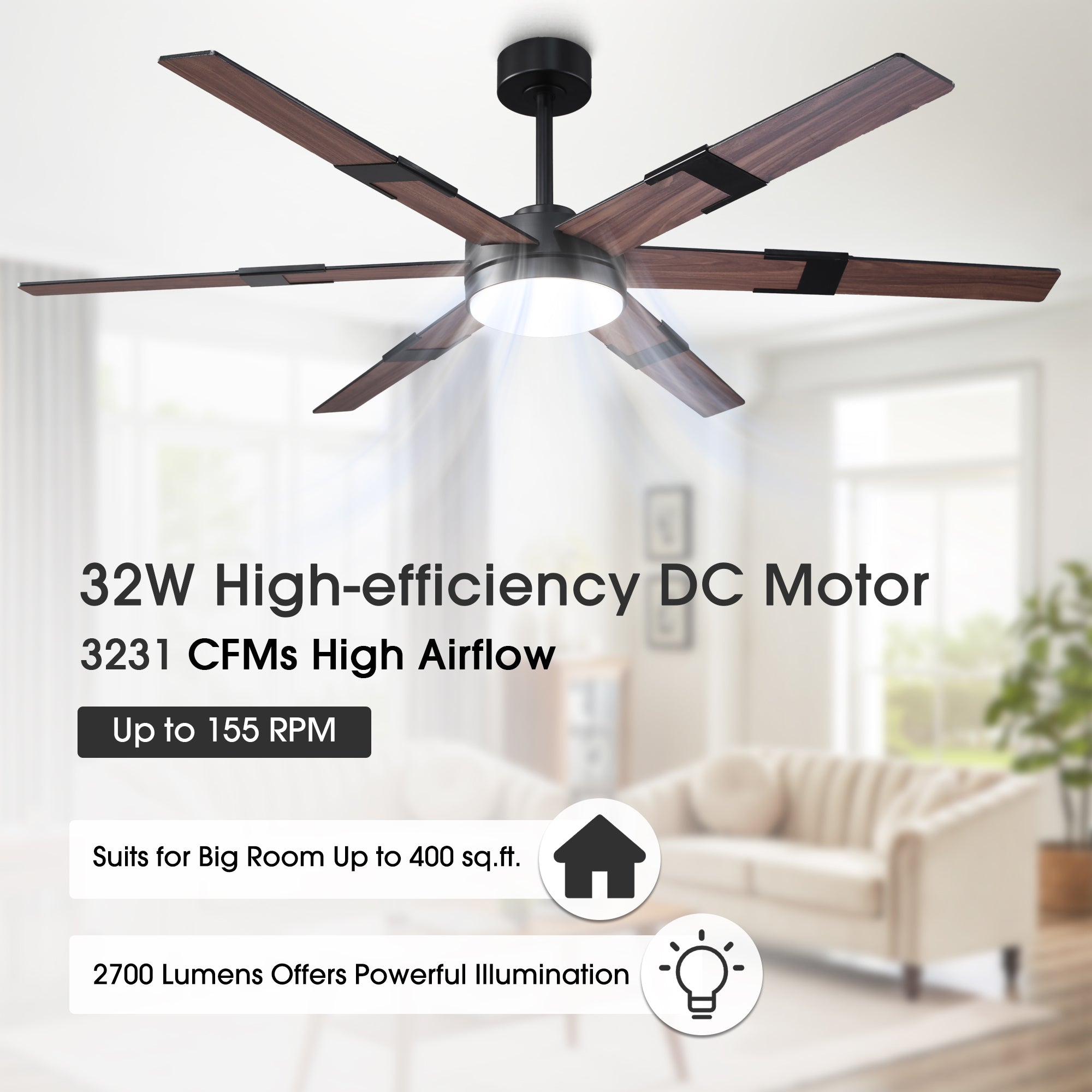 Vaczon 60 Inch Industrial Double-sided Blades LED Ceiling Fan with APP & Remote Control
