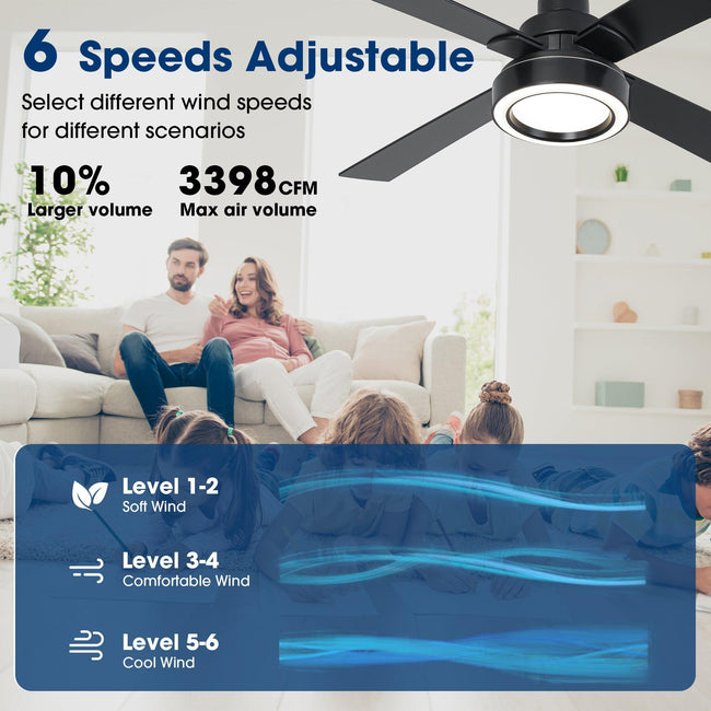 Ventilador de techo moderno Vaczon de 52 pulgadas con motor de CC de 4 aspas, luz LED y control remoto.