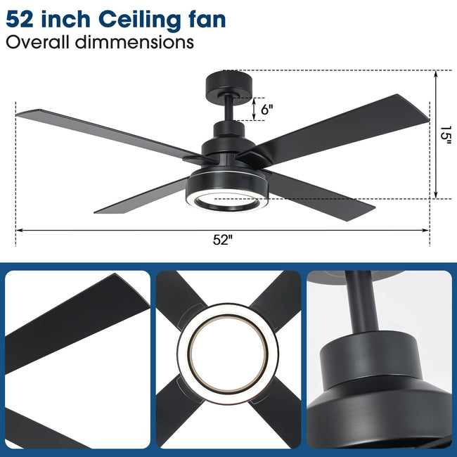 Ventilador de techo moderno Vaczon de 52 pulgadas con motor de CC de 4 aspas, luz LED y control remoto.