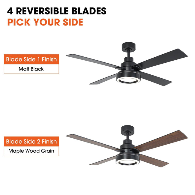 Ventilador de techo moderno Vaczon de 52 pulgadas con motor de CC de 4 aspas, luz LED y control remoto.