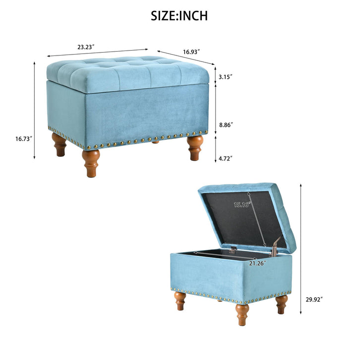 23" Square Velvet Upholstered Storage Ottoman with Hidden Hinge Lid, Rivet Trim & Easy-Open
