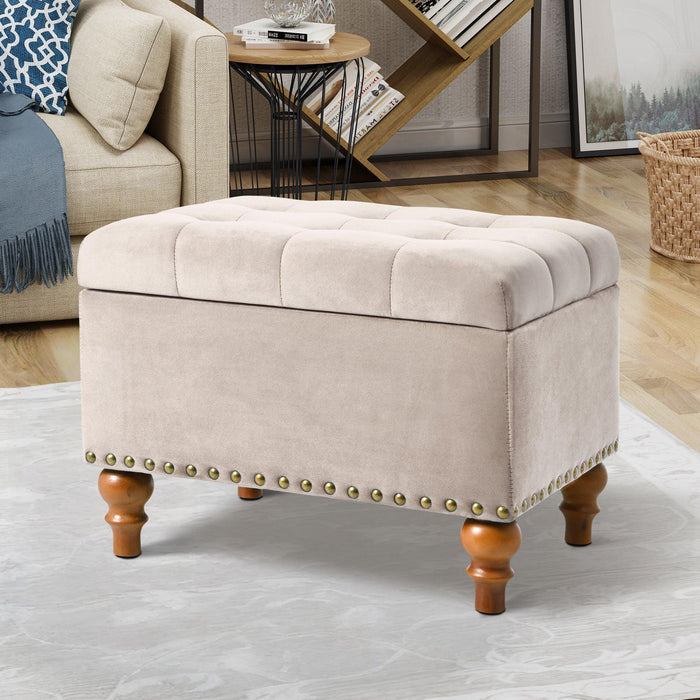 23" Square Velvet Upholstered Storage Ottoman with Hidden Hinge Lid, Rivet Trim & Easy-Open