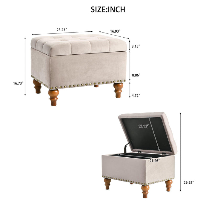 23" Square Velvet Upholstered Storage Ottoman with Hidden Hinge Lid, Rivet Trim & Easy-Open