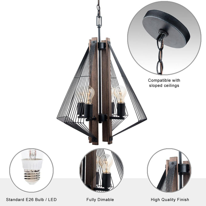 Lámpara colgante Zenith de 4 luces regulable en negro y madera